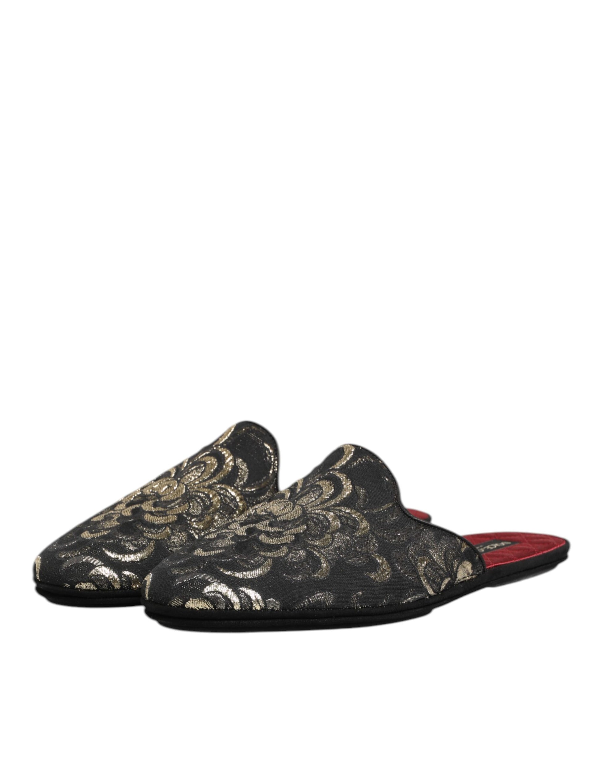 Dolce & Gabbana Black Floral Jacquard Slides Slippers Shoes