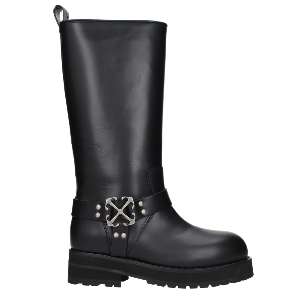 Off-White Black Leather Flat Boots
