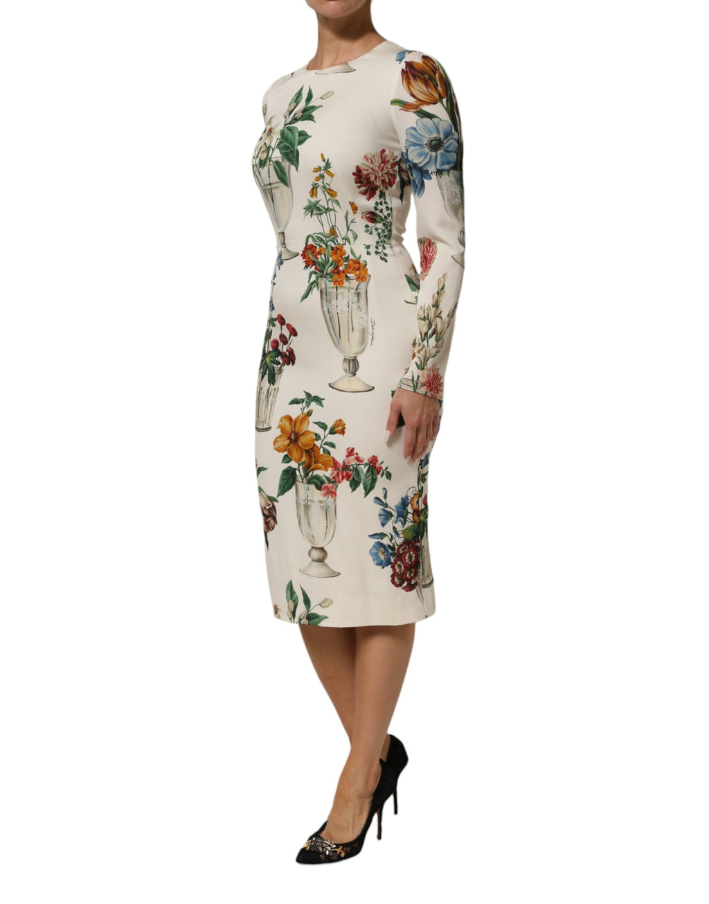 Dolce & Gabbana White Flower Vase Silk Sheath Midi Dress