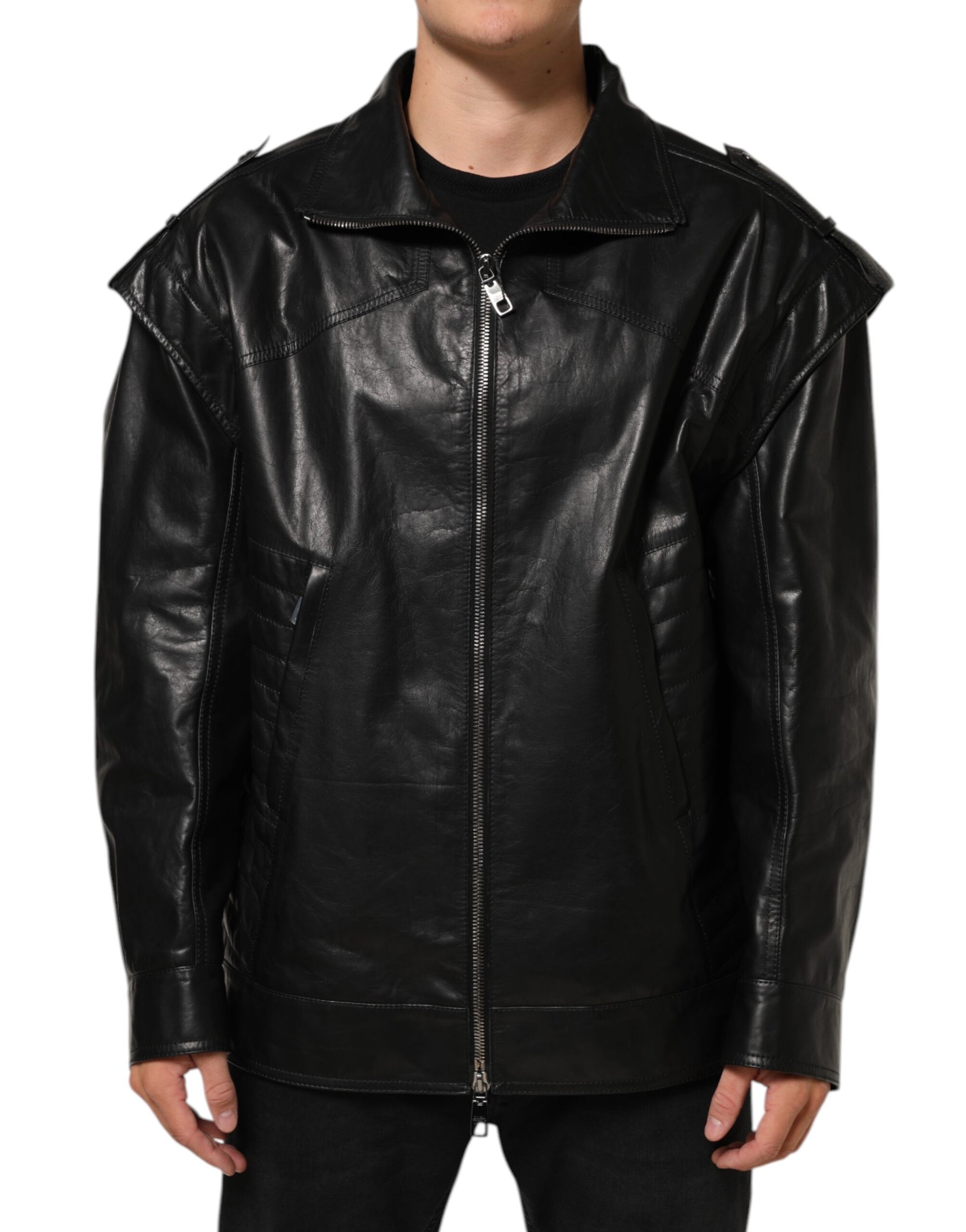 Blouson de motard Dolce & Gabbana en cuir noir zippé