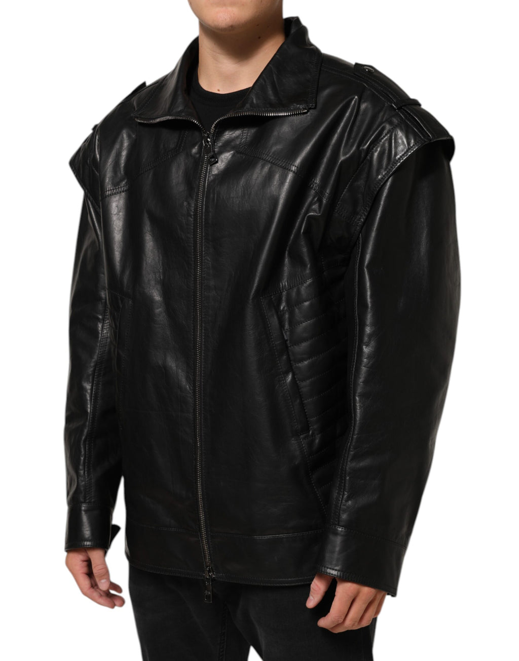 Blouson de motard Dolce & Gabbana en cuir noir zippé