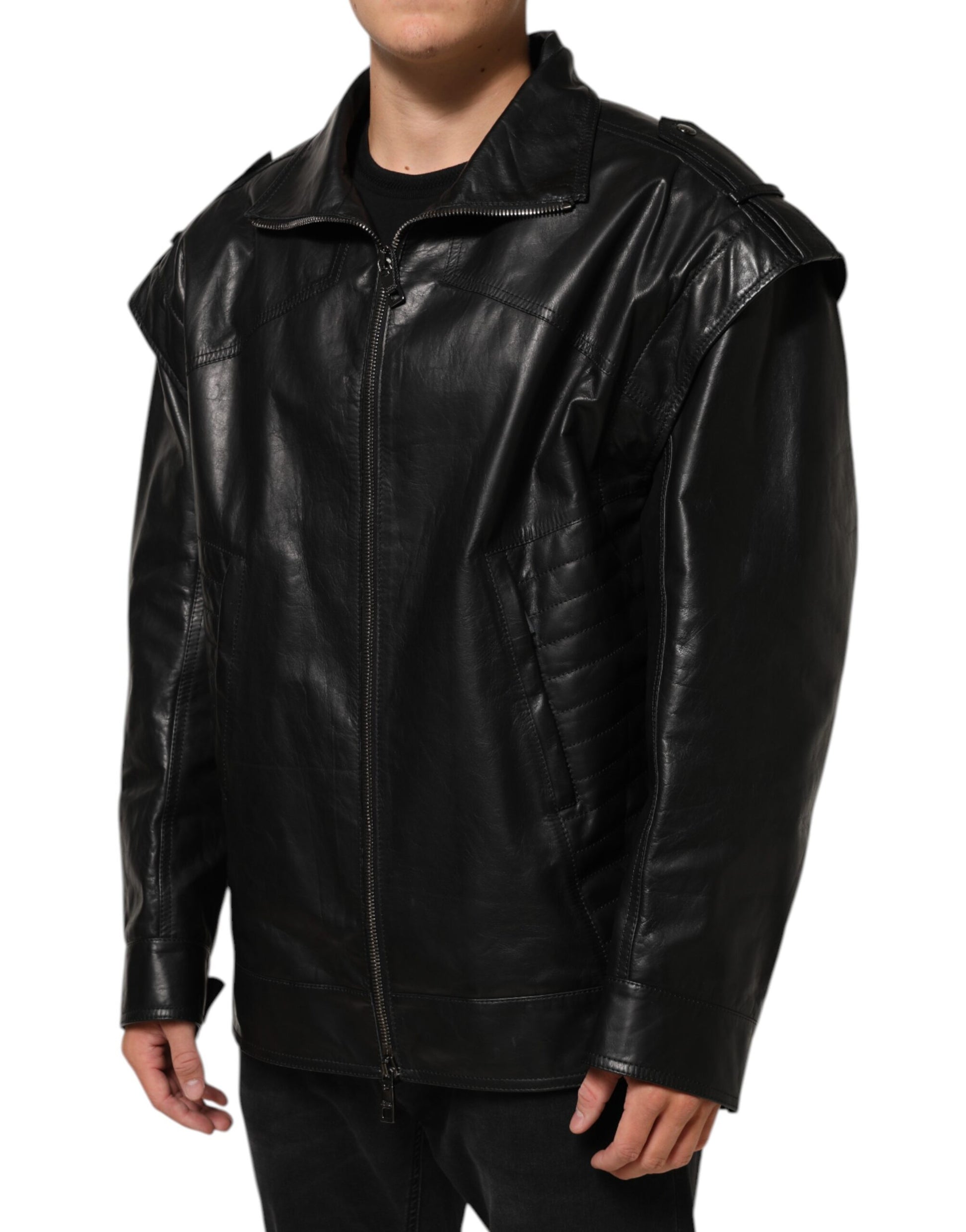 Blouson de motard Dolce & Gabbana en cuir noir zippé