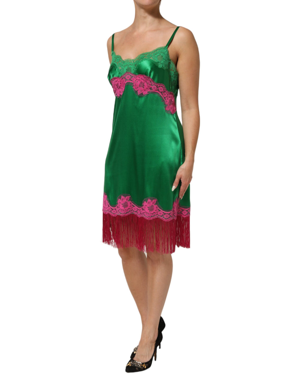 Dolce & Gabbana Green Floral Lace Fringes Lingerie Dress