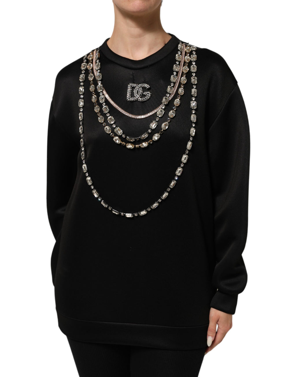 Dolce & Gabbana Sweat-shirt noir en maille avec logo DG et cristaux