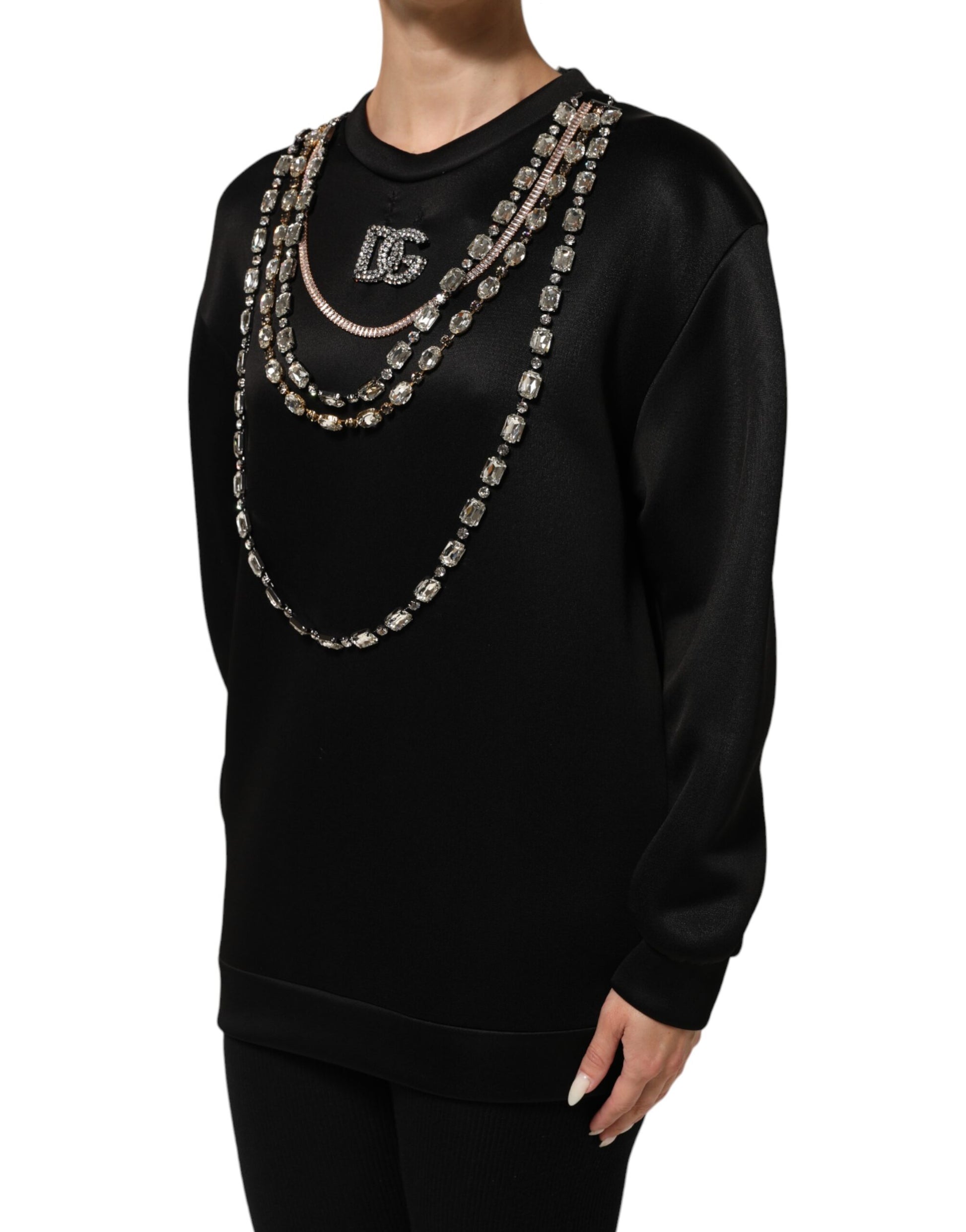 Dolce & Gabbana Sweat-shirt noir en maille avec logo DG et cristaux