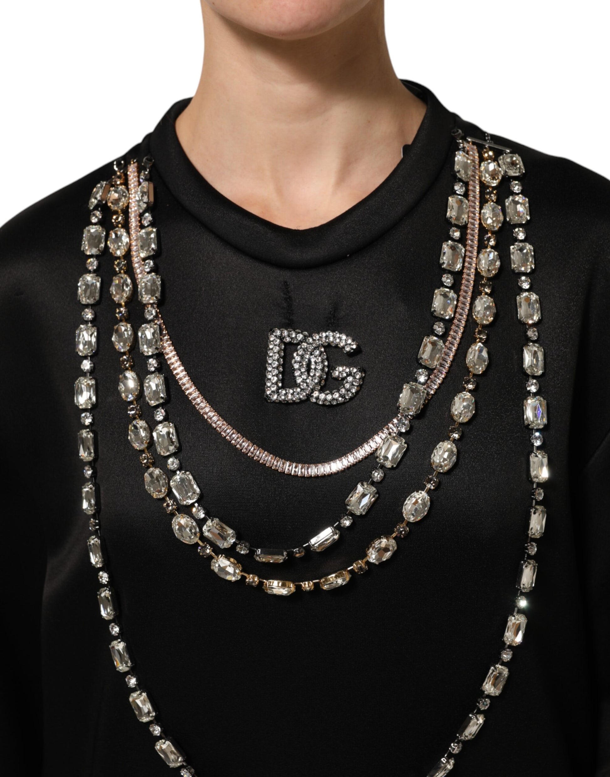 Dolce & Gabbana Sweat-shirt noir en maille avec logo DG et cristaux