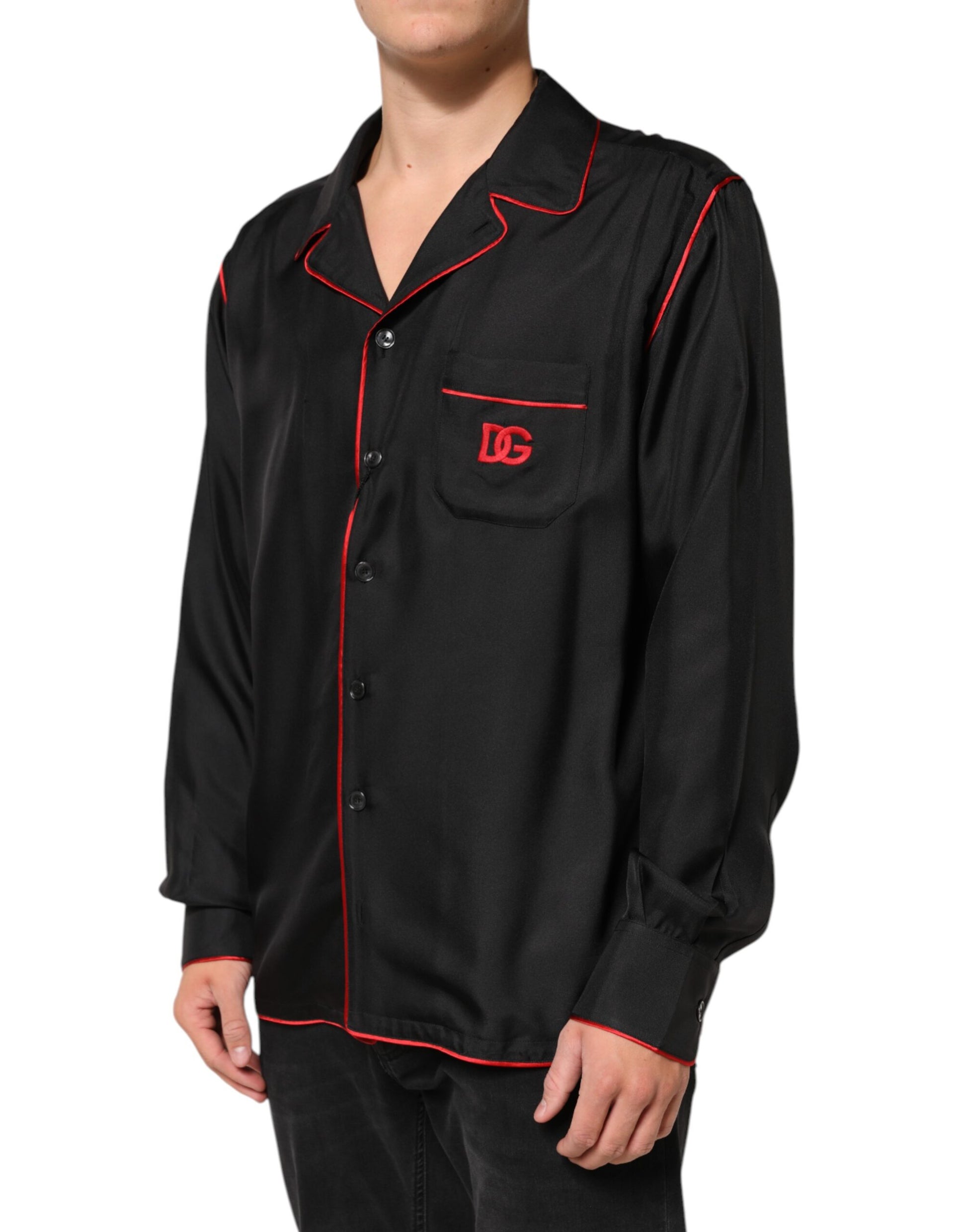 Dolce & Gabbana Black Red Contrast Trim Silk Casual Shirt