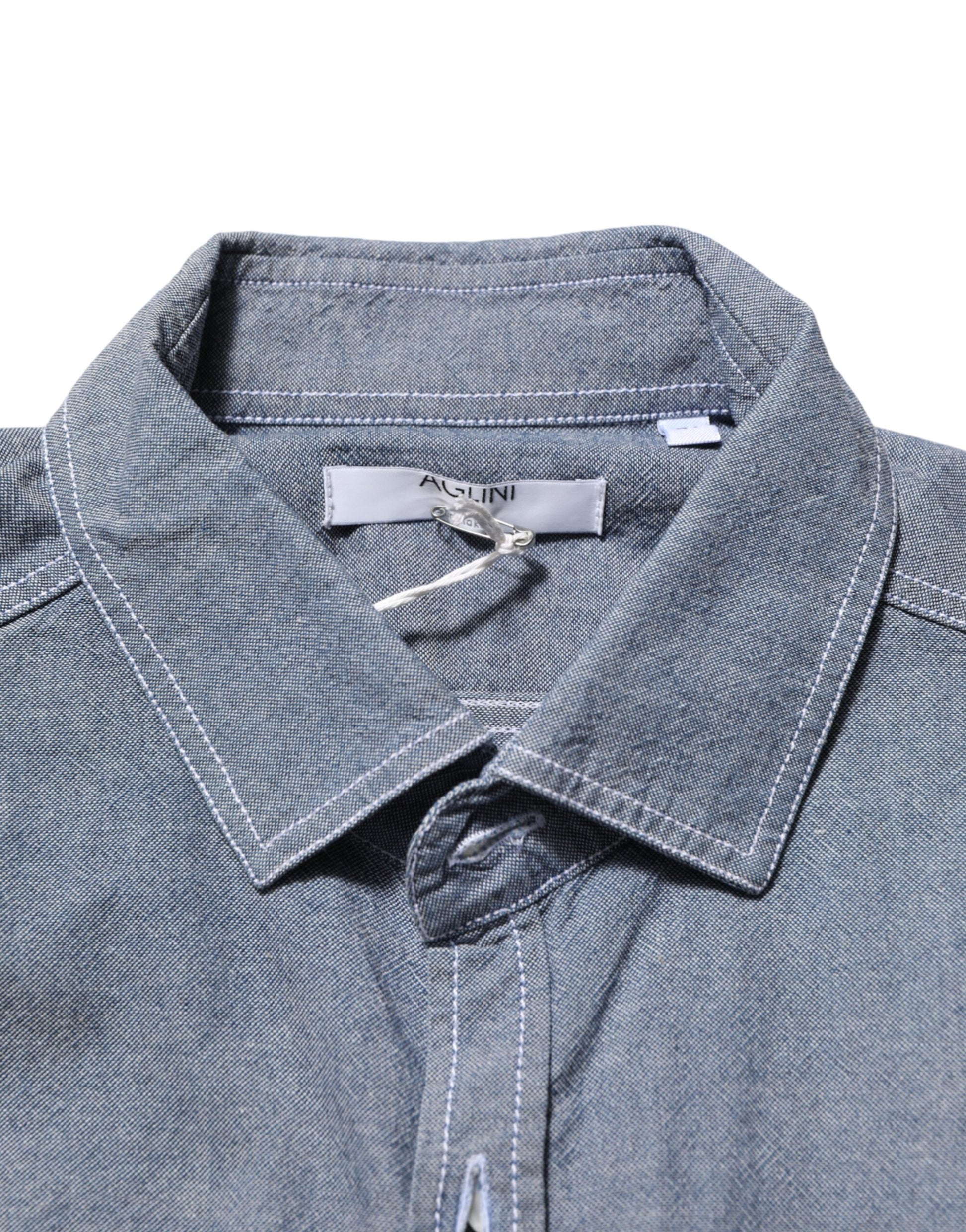 AGLINI Blue Denim Regular Fit Collared Long Sleeve Casual Shirt