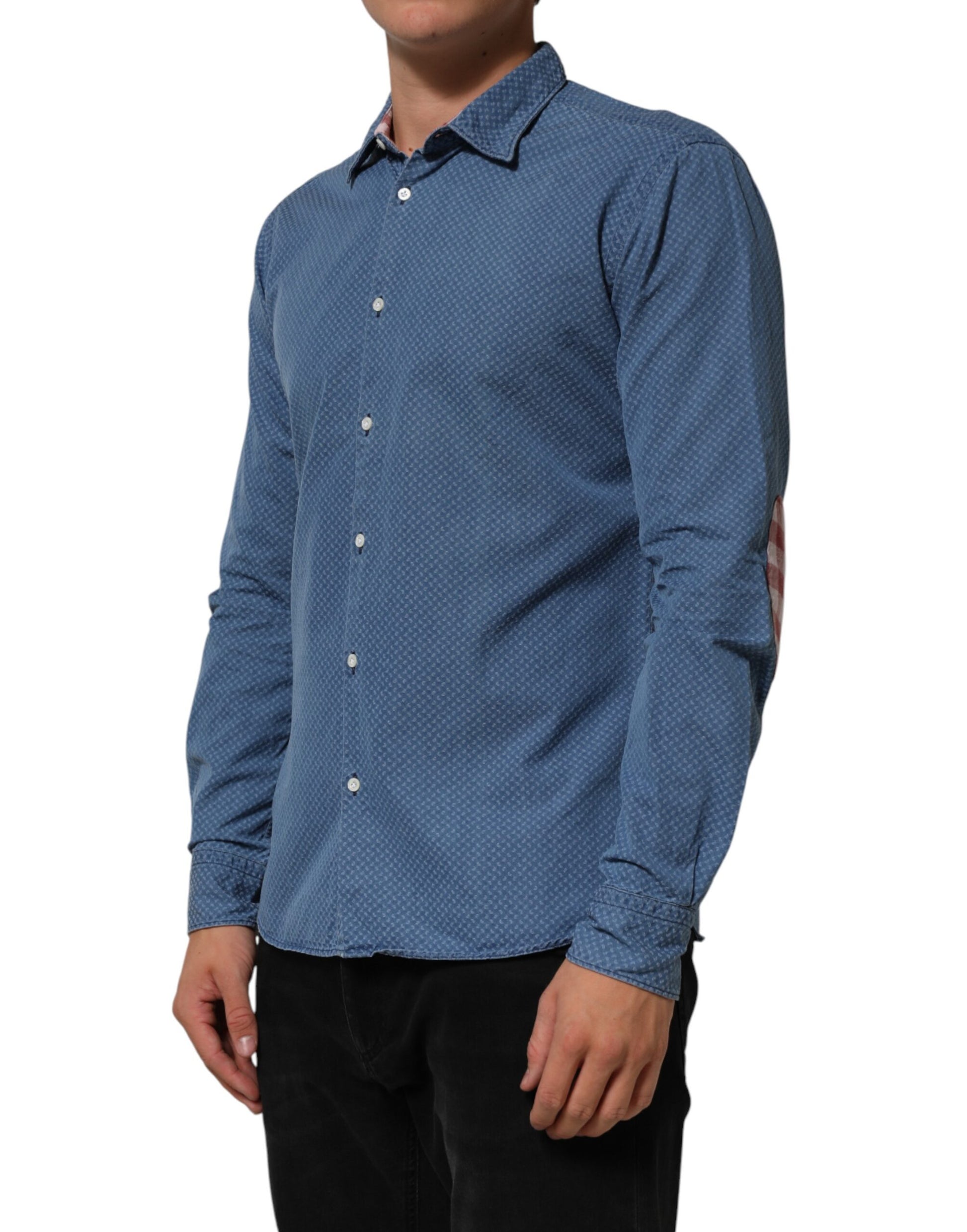 AGLINI Blue Denim Slim Fit Collared Long Sleeve Casual Shirt