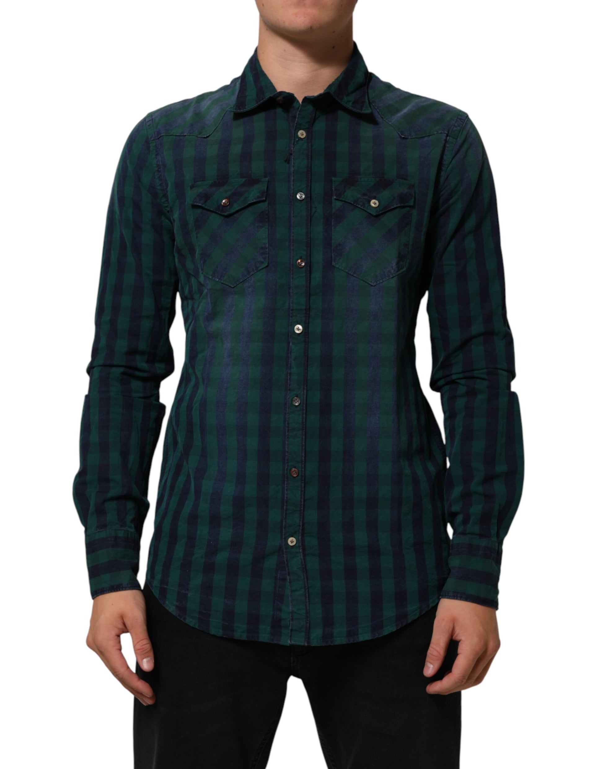 AGLINI Green Checkered Cotton Button Down Long Sleeves Shirt