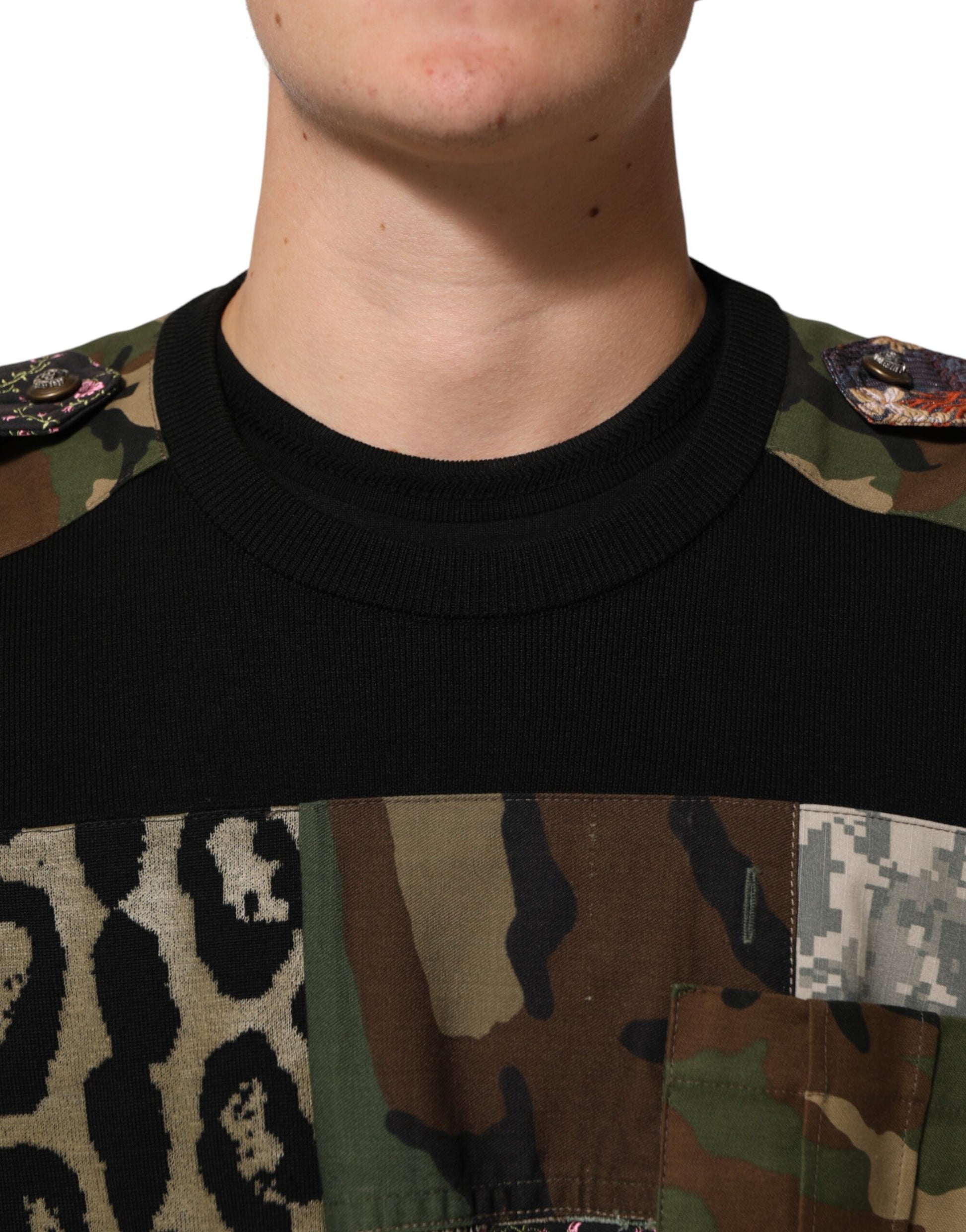 Dolce & Gabbana Black Patchwork Crew Neck Pullover Sweater