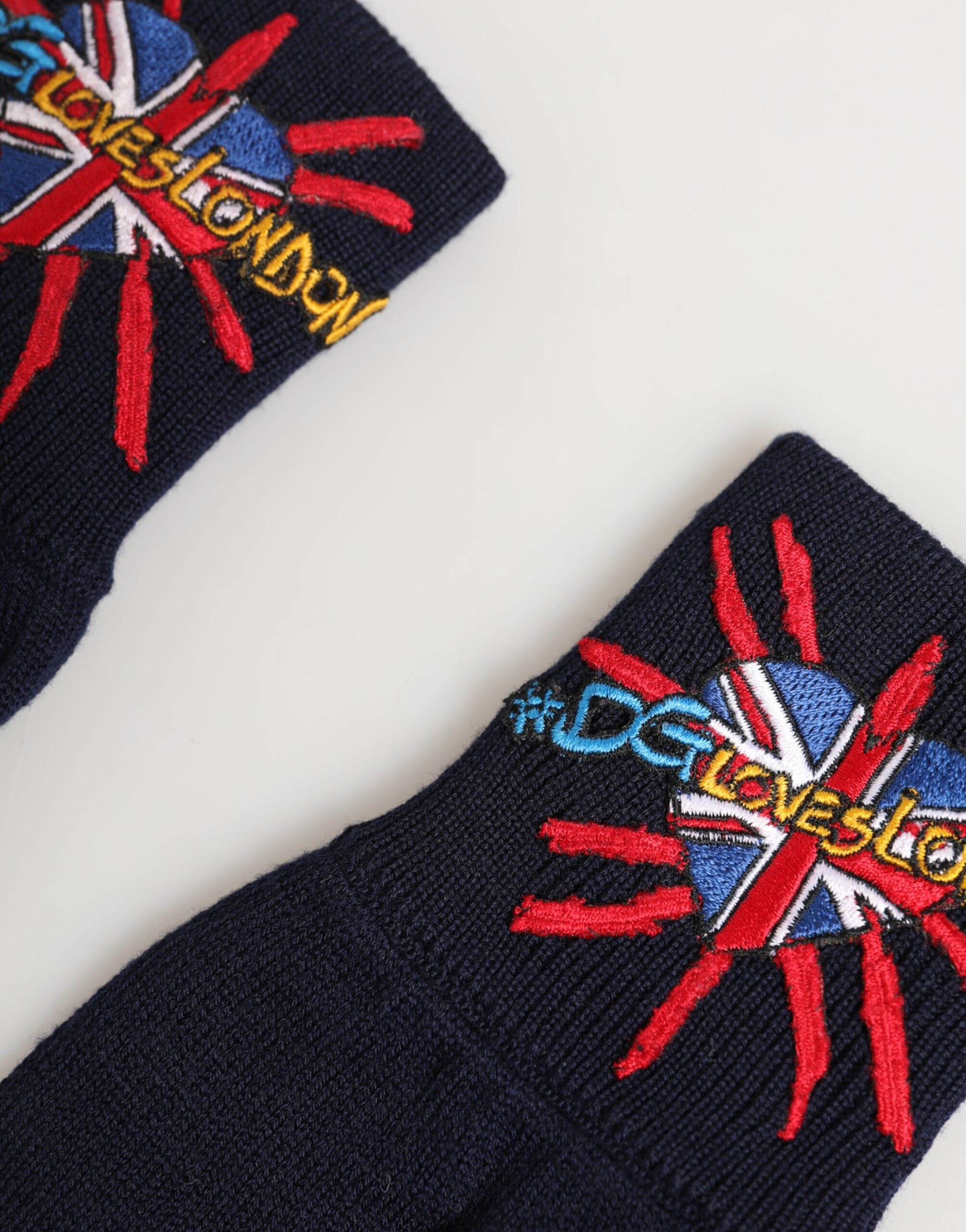 Dolce & Gabbana Blue Wool Knit #DGLovesLondon Embroidered Mitten Gloves