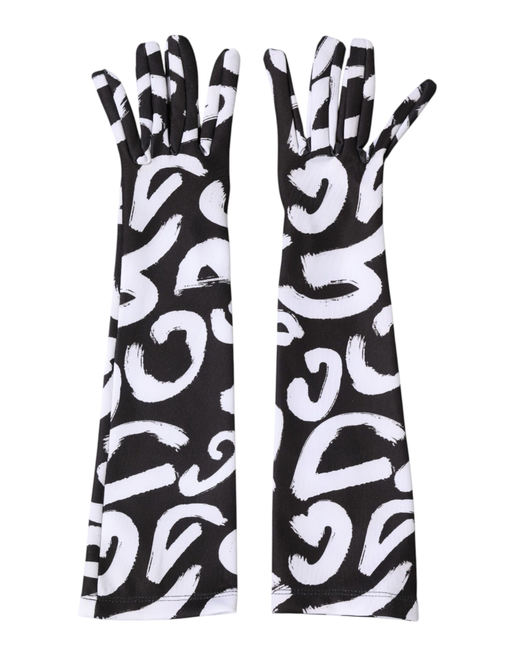 Gants mitaines Dolce & Gabbana noirs et blancs avec logo DG, longueur coude