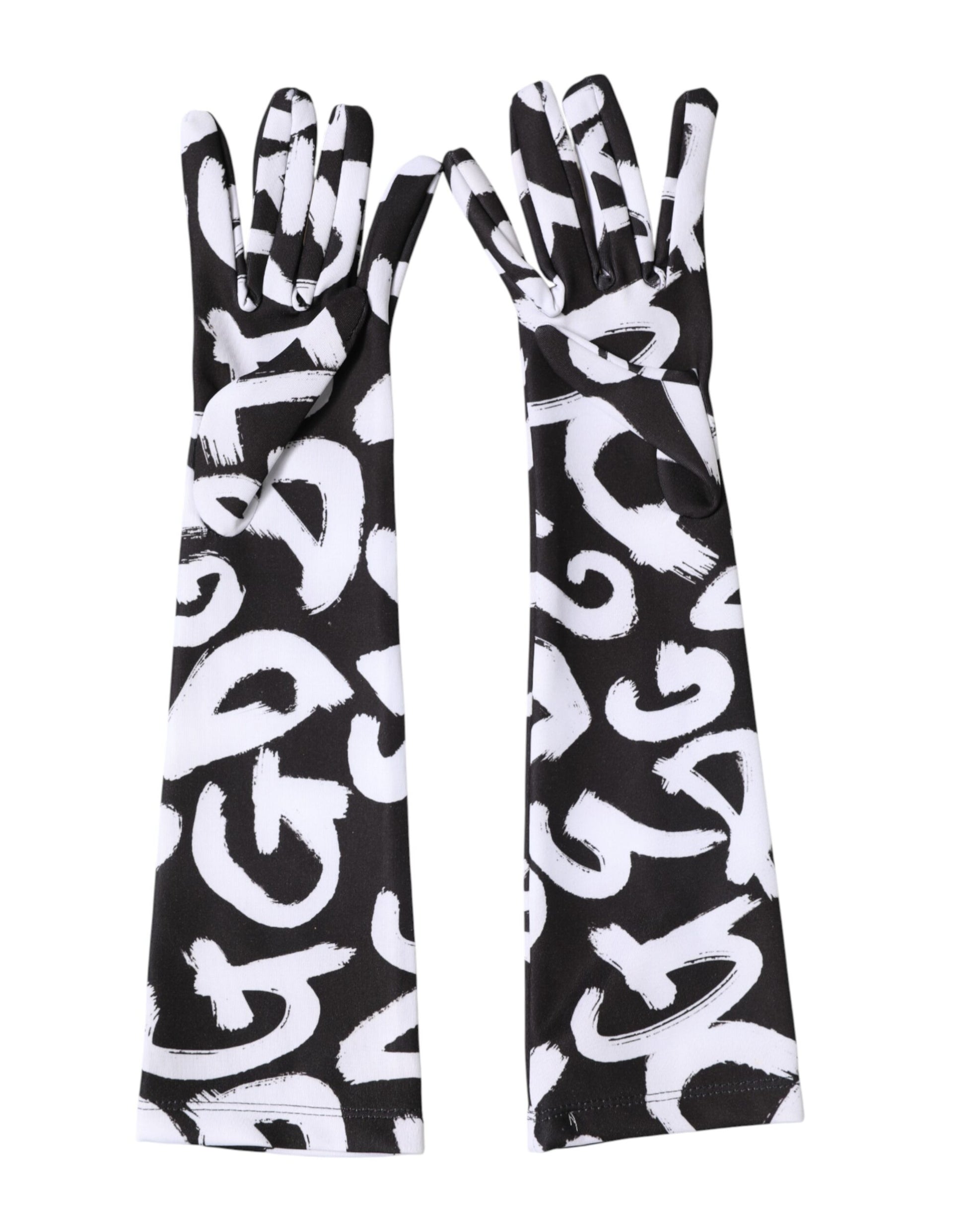 Gants mitaines Dolce & Gabbana noirs et blancs avec logo DG, longueur coude