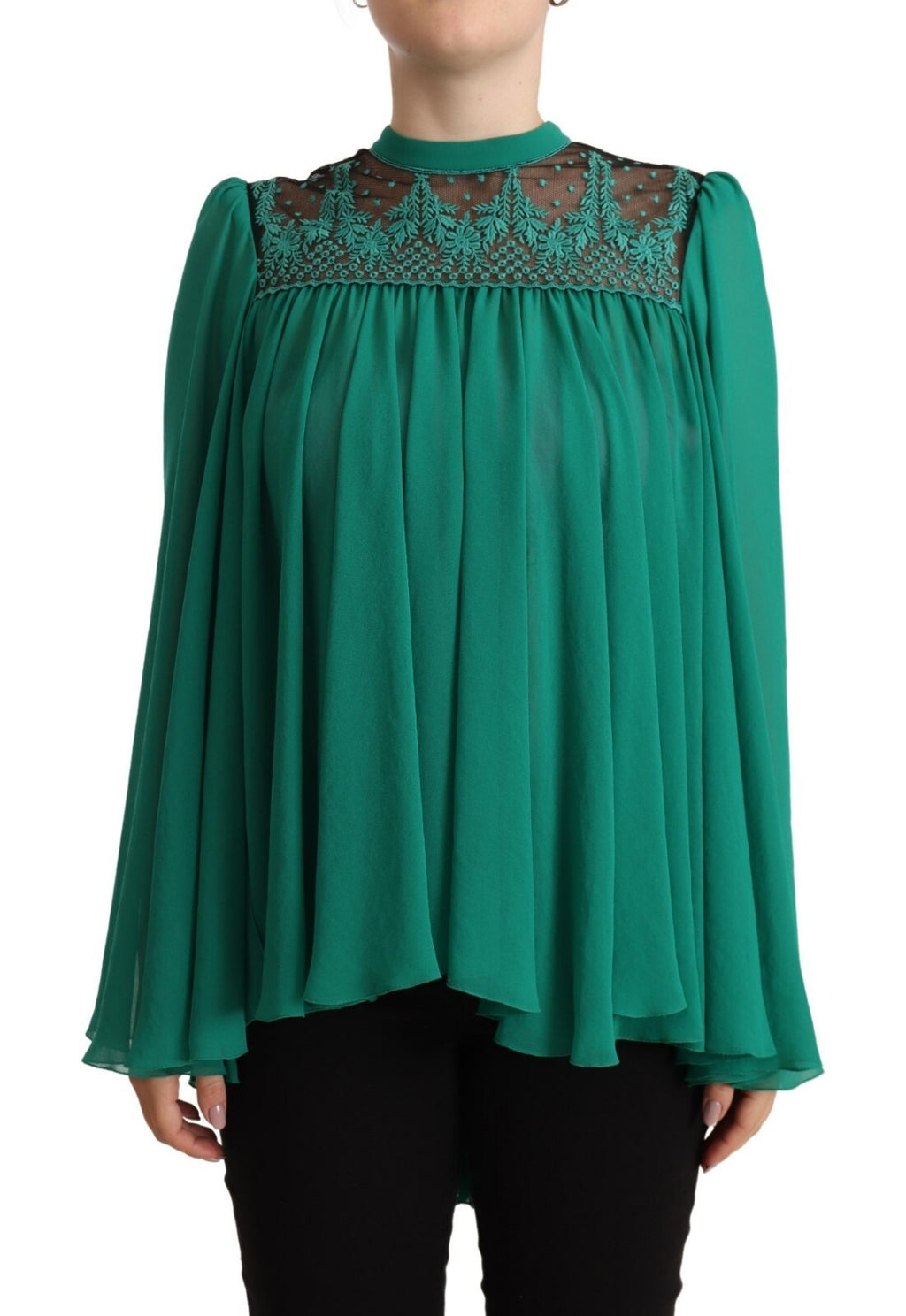 Blouse plissée à manches longues en polyester et dentelle verte Philosophy