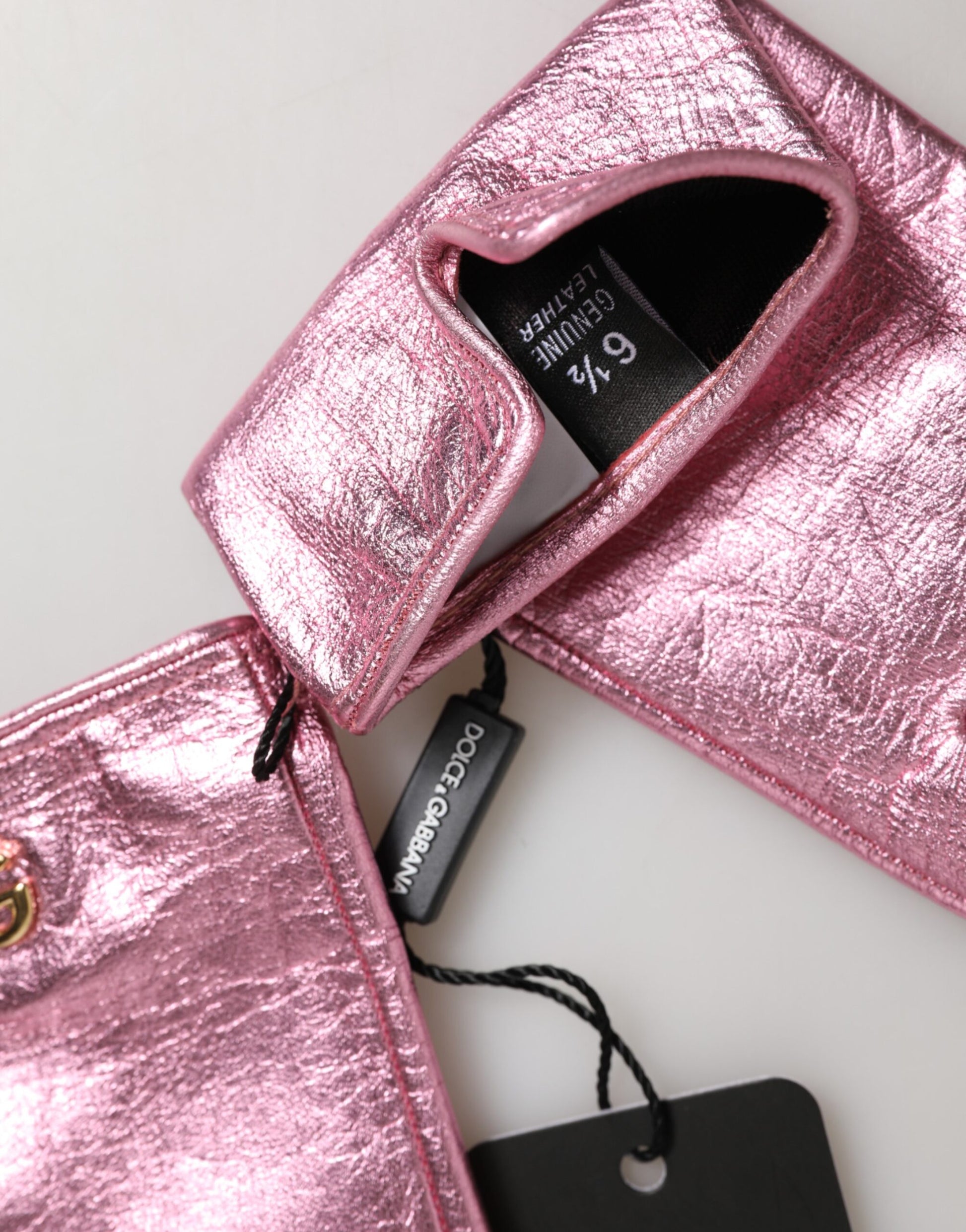 Dolce & Gabbana Pink Leather DG Logo Wrist Length Mitten Gloves