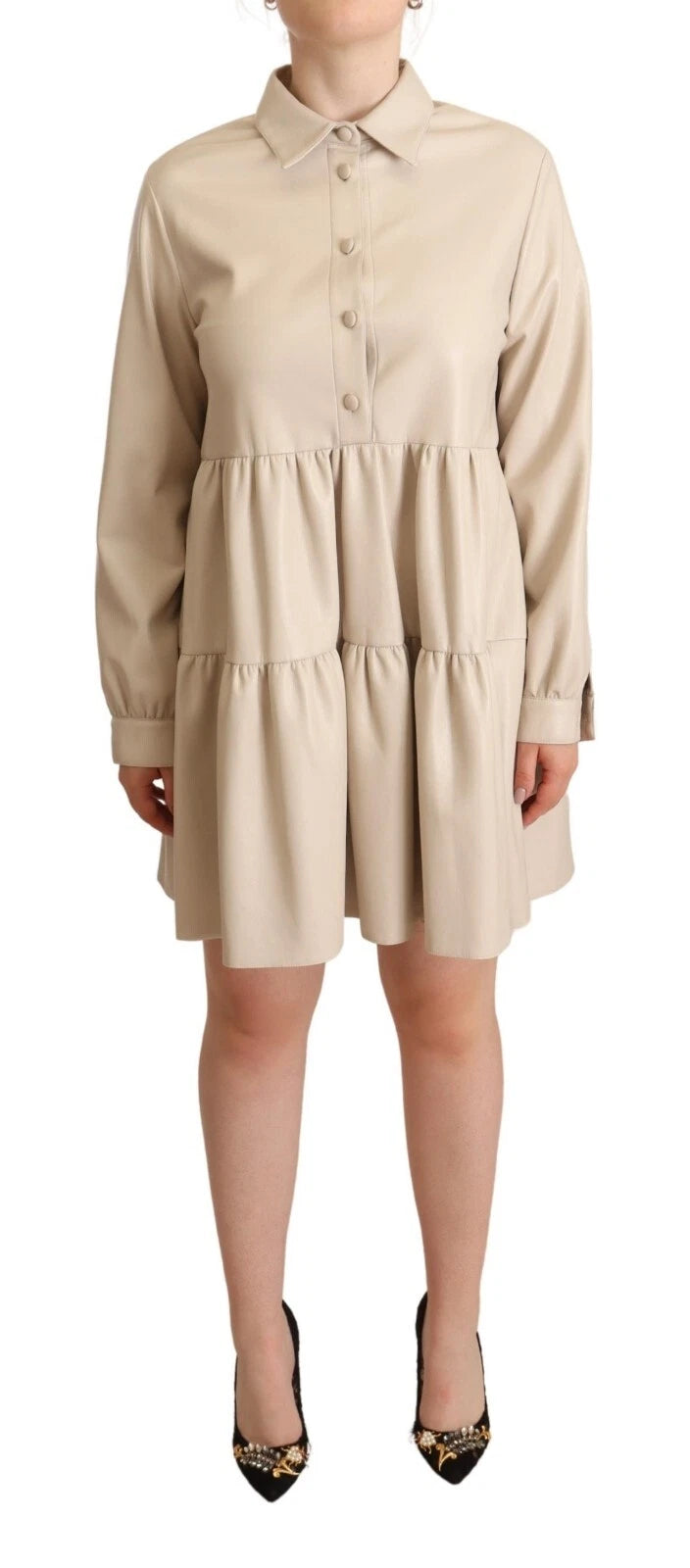 Robe mini évasée Jucca en cuir beige à manches longues et col