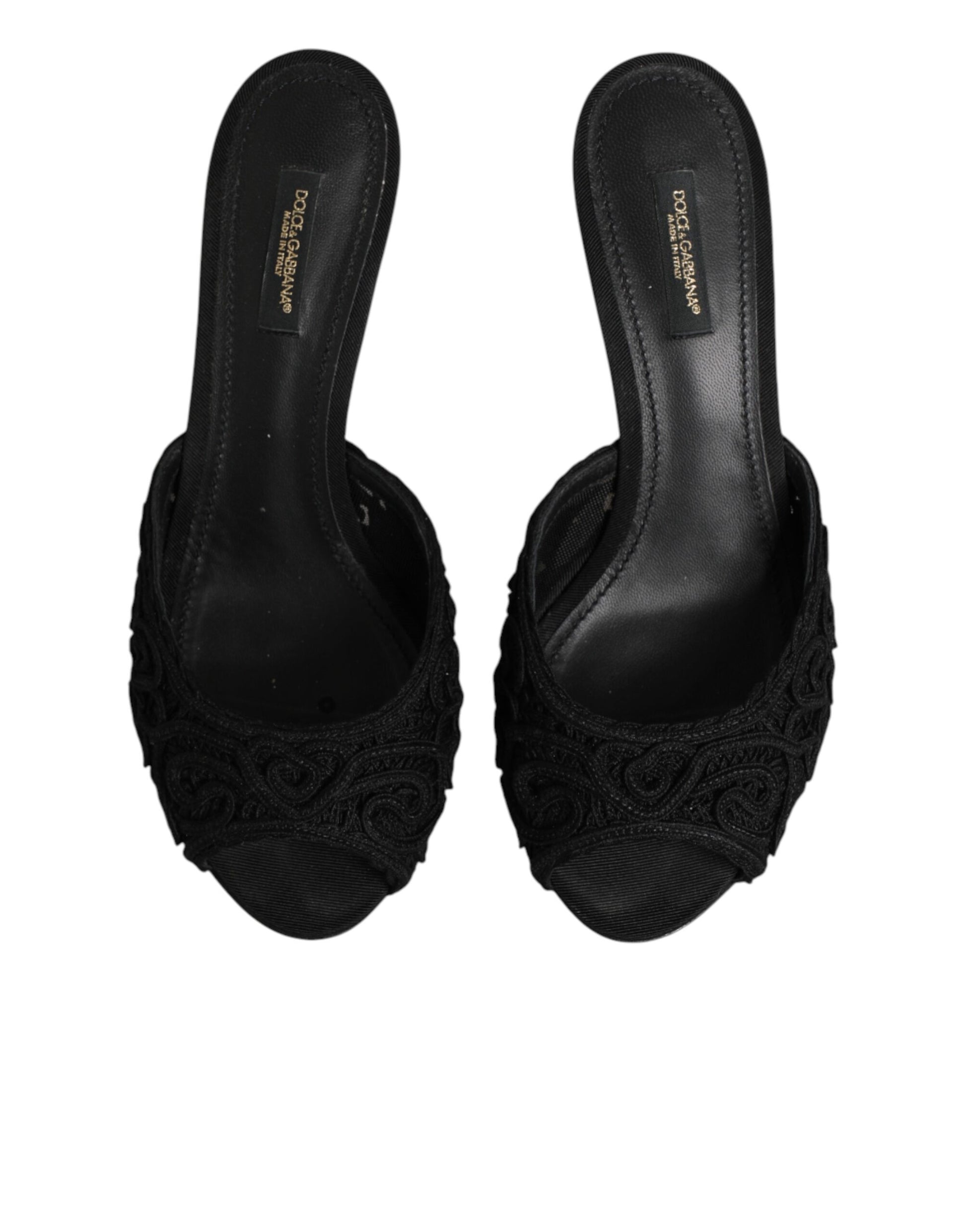 Dolce & Gabbana Black Embroidered Slip On Heels Slides Shoes