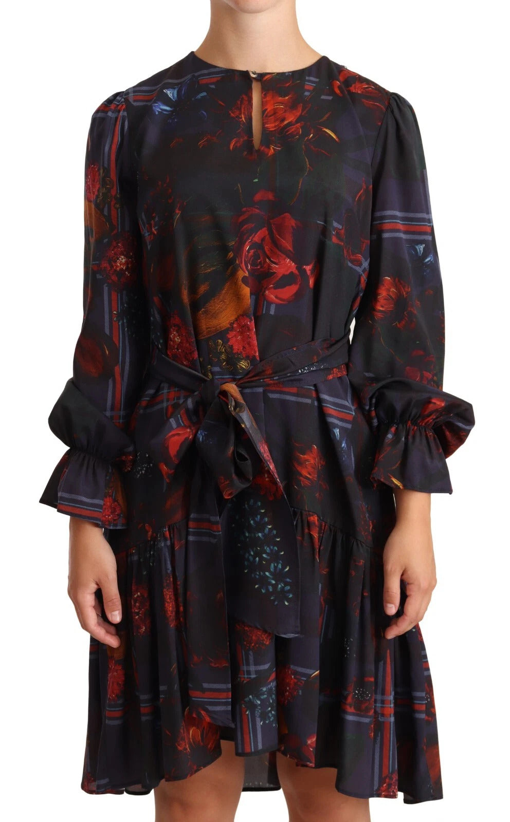 Robe Ballantyne trapèze bleu marine à motif floral en soie à manches longues et longueur genou
