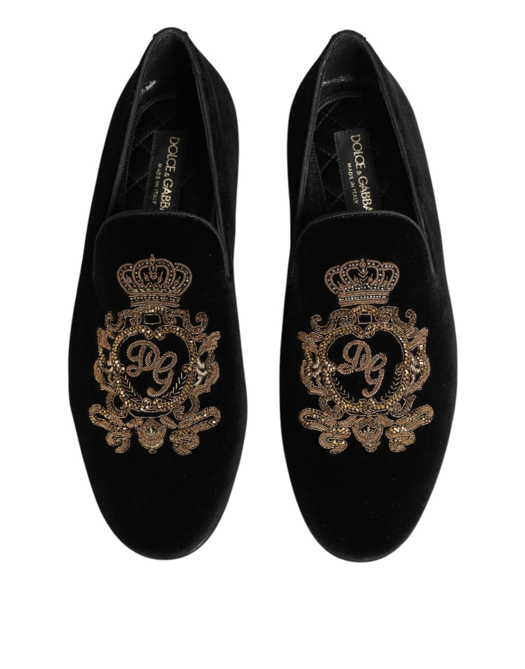 Dolce & Gabbana Black Velvet Gold Crown Mens Loafers Shoes