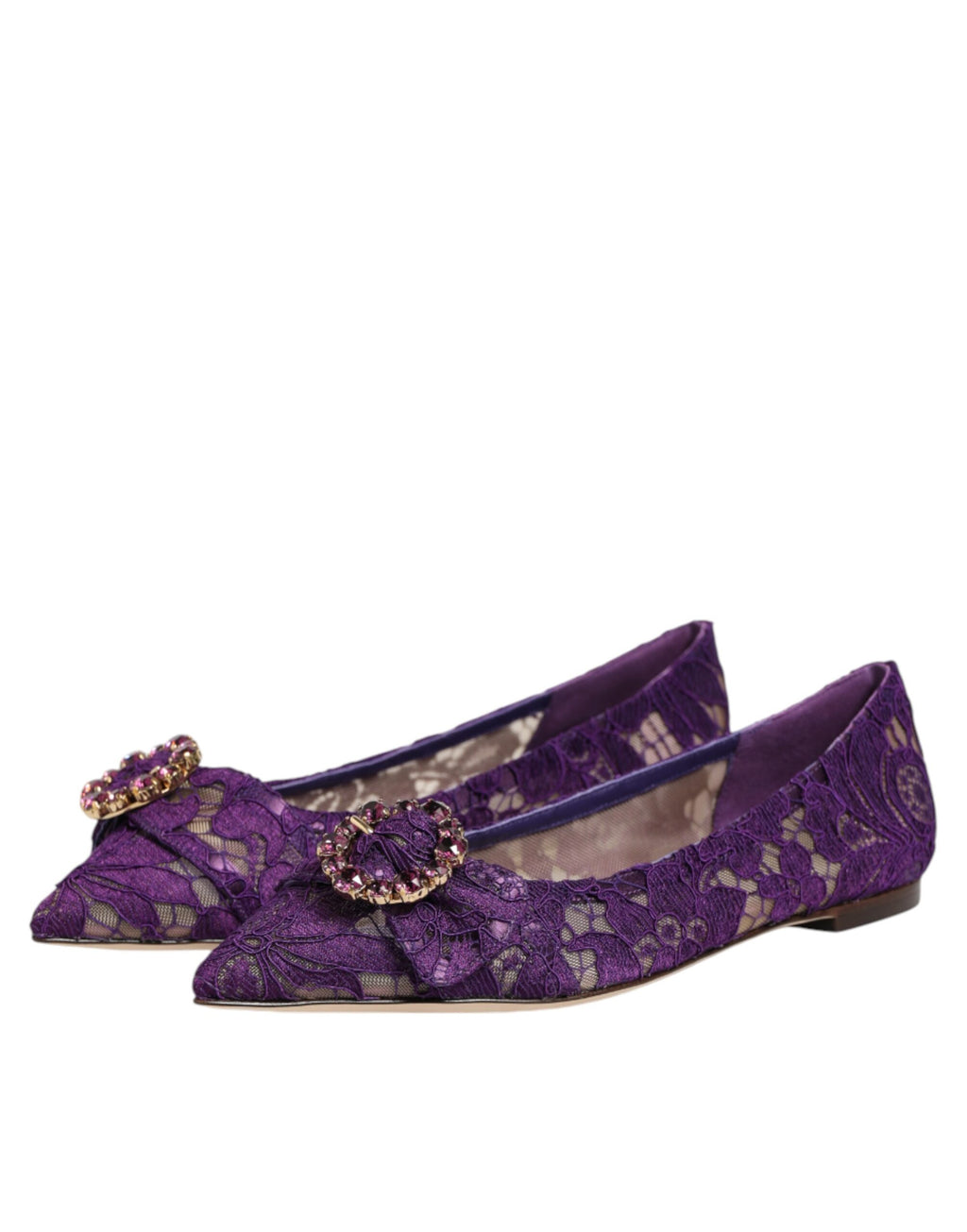 Dolce & Gabbana Purple Taormina Lace Crystals Flats Shoes