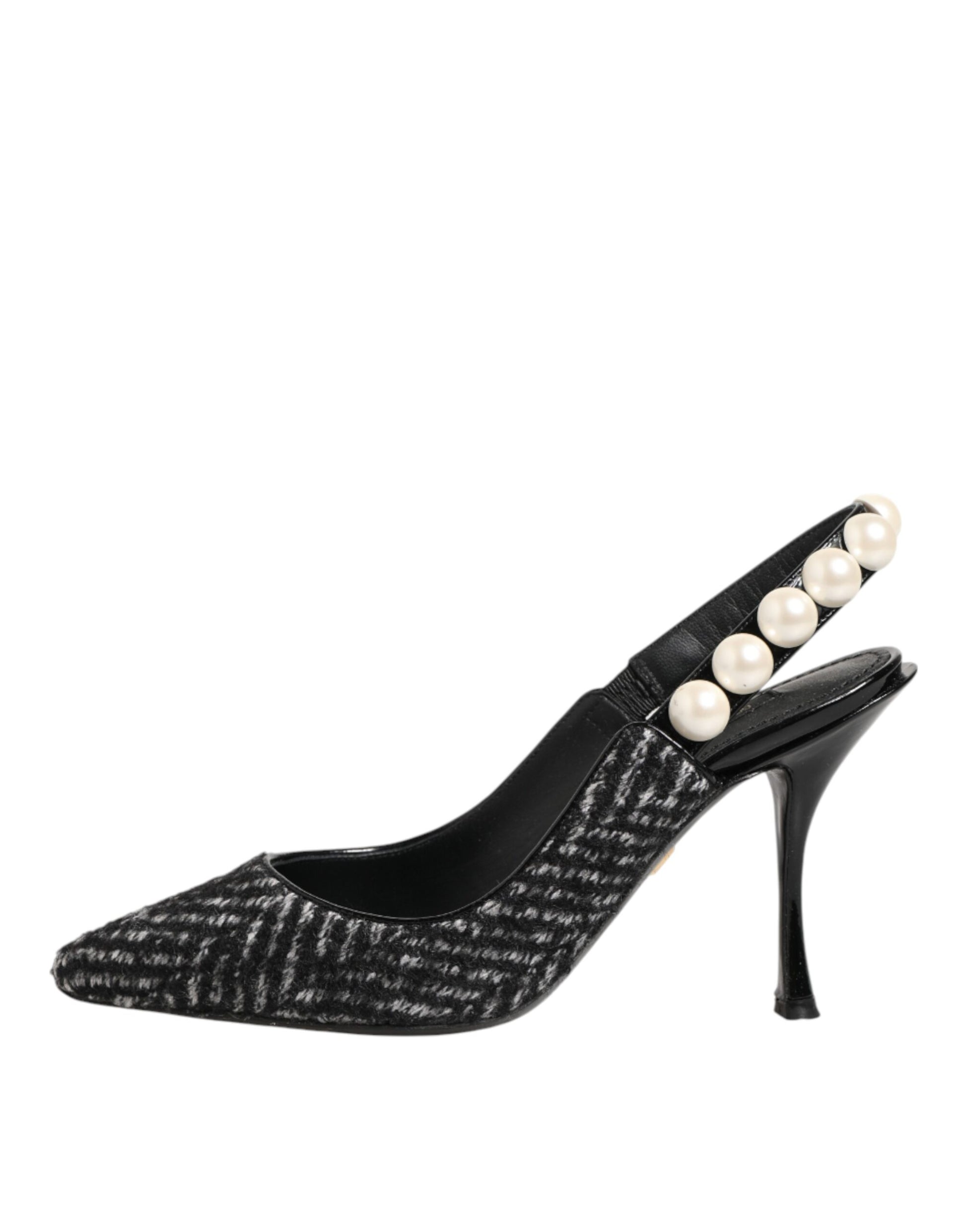 Dolce & Gabbana White Black Chevron Faux Pearl Slingbacks Shoes