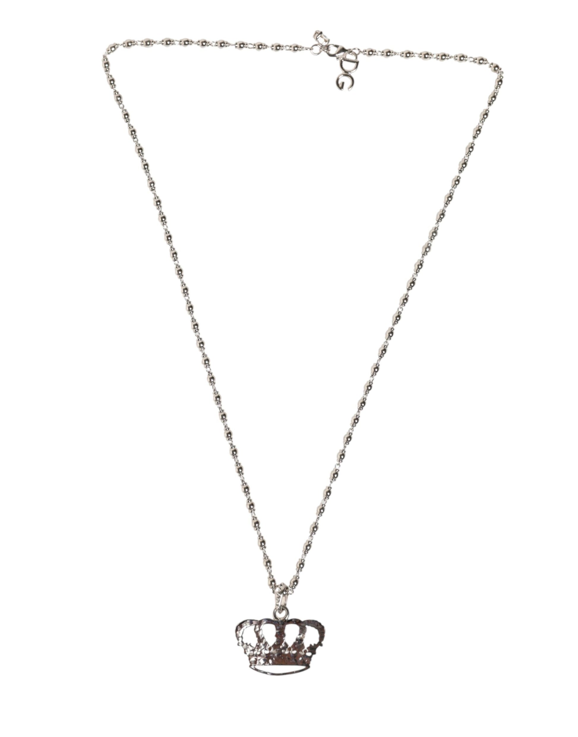 Dolce & Gabbana Silver Tone Brass Chain Crown Crystal Pendant  Necklace