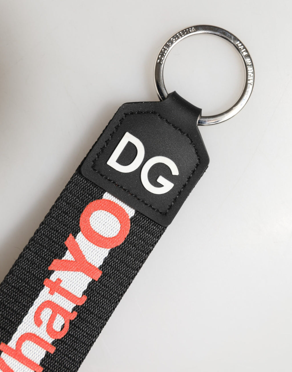 Porte-clés Dolce & Gabbana en polyester noir avec logo et support en laiton argenté