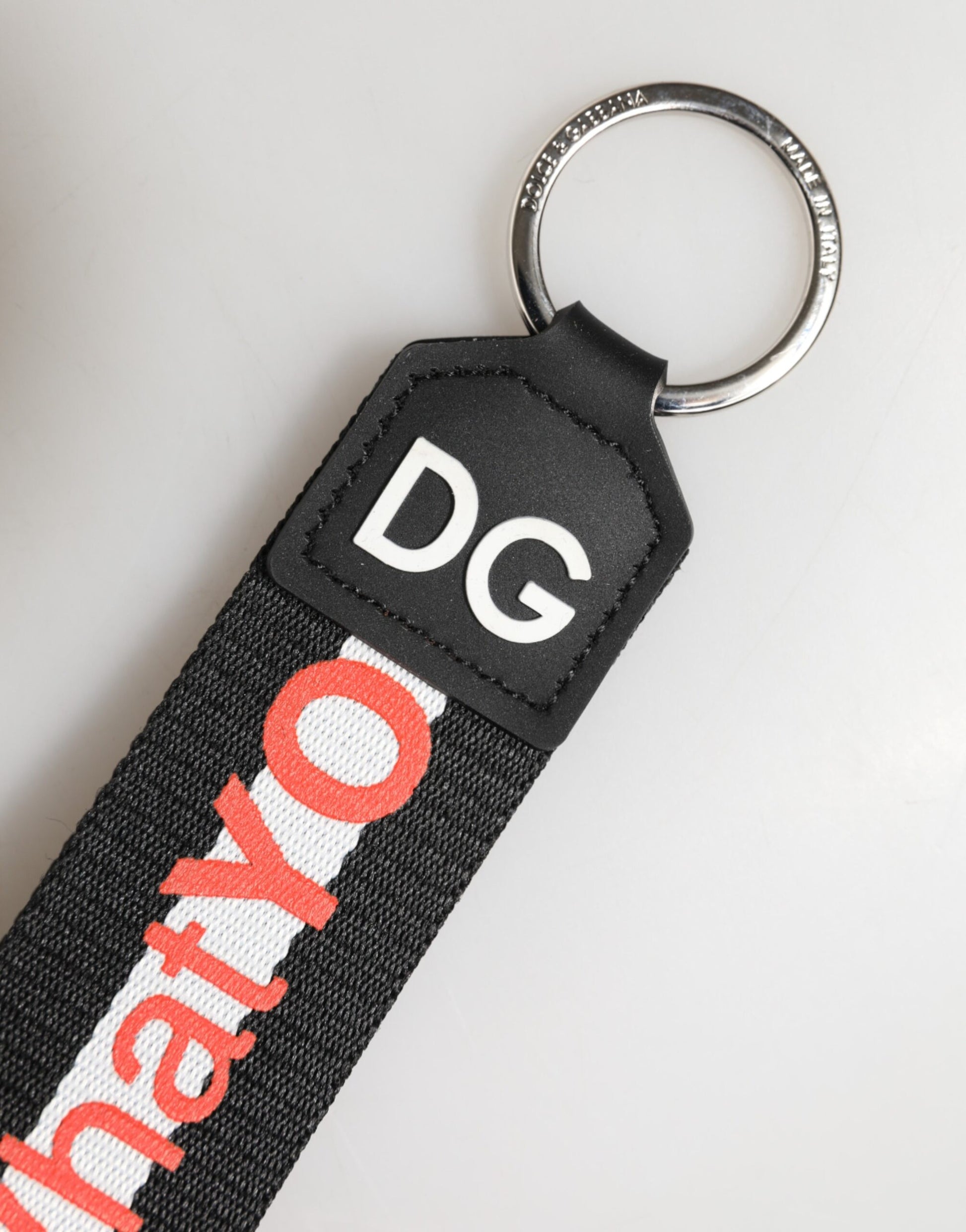 Porte-clés Dolce & Gabbana en polyester noir avec logo et support en laiton argenté