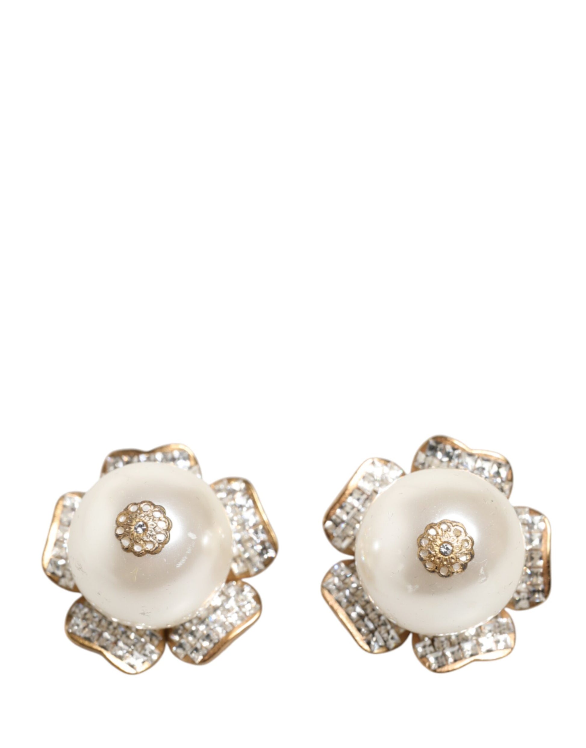Boucles d'oreilles clips Dolce & Gabbana dorées, grandes perles fantaisie florales