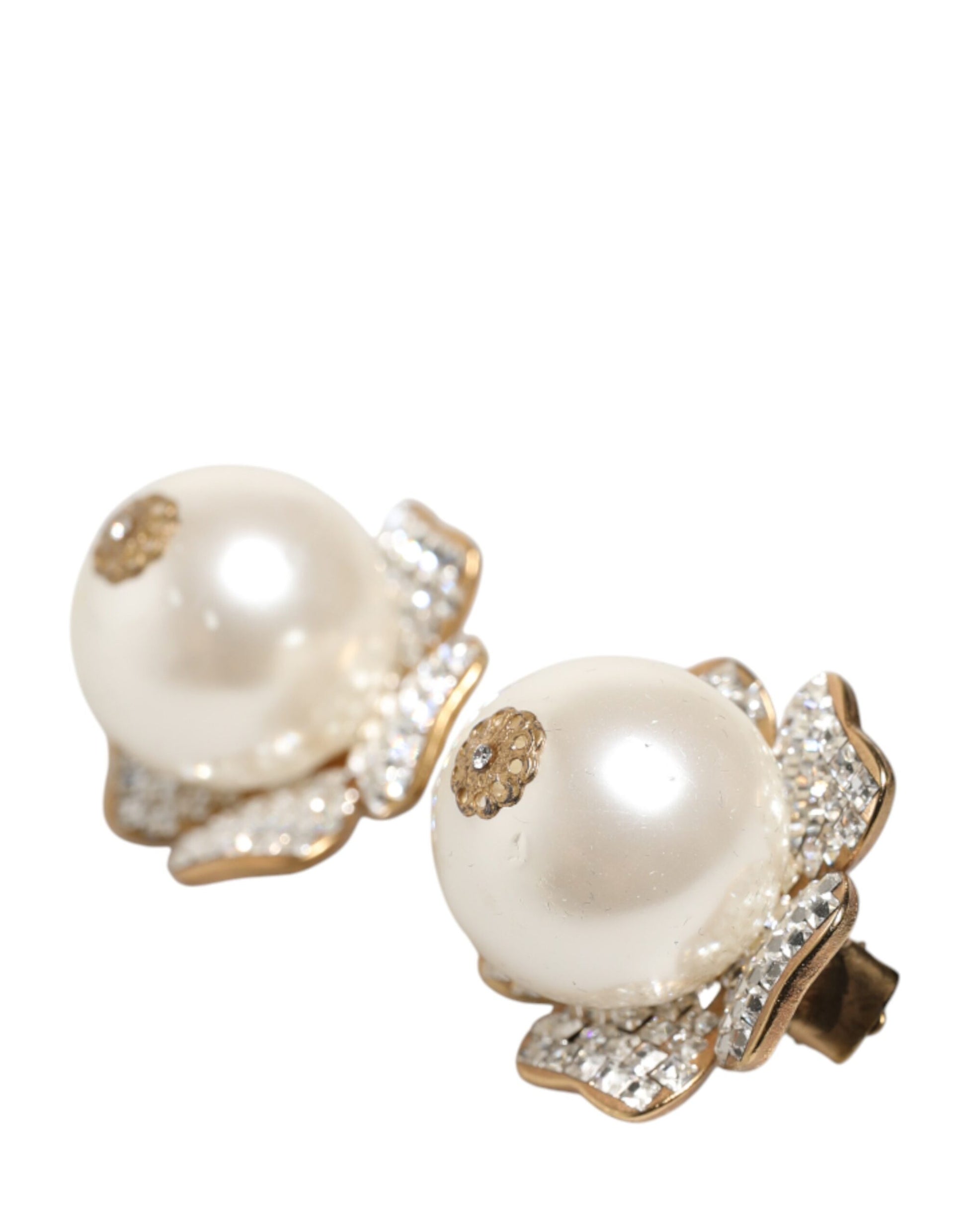 Boucles d'oreilles clips Dolce & Gabbana dorées, grandes perles fantaisie florales