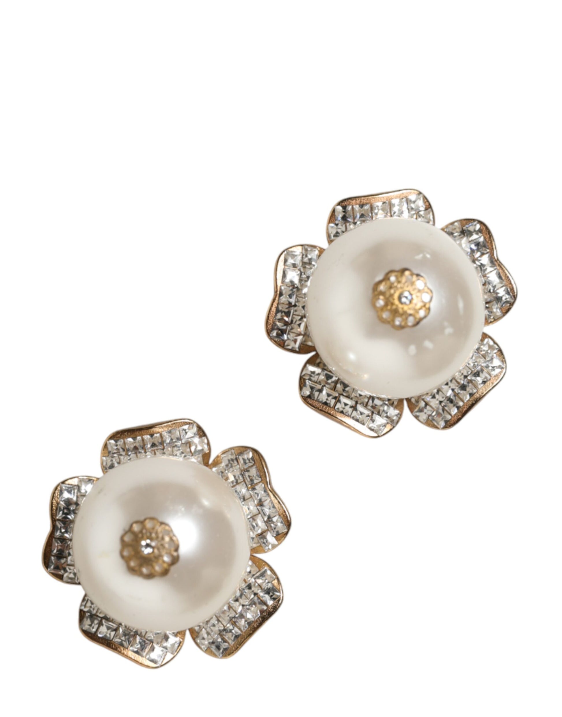 Boucles d'oreilles clips Dolce & Gabbana dorées, grandes perles fantaisie florales