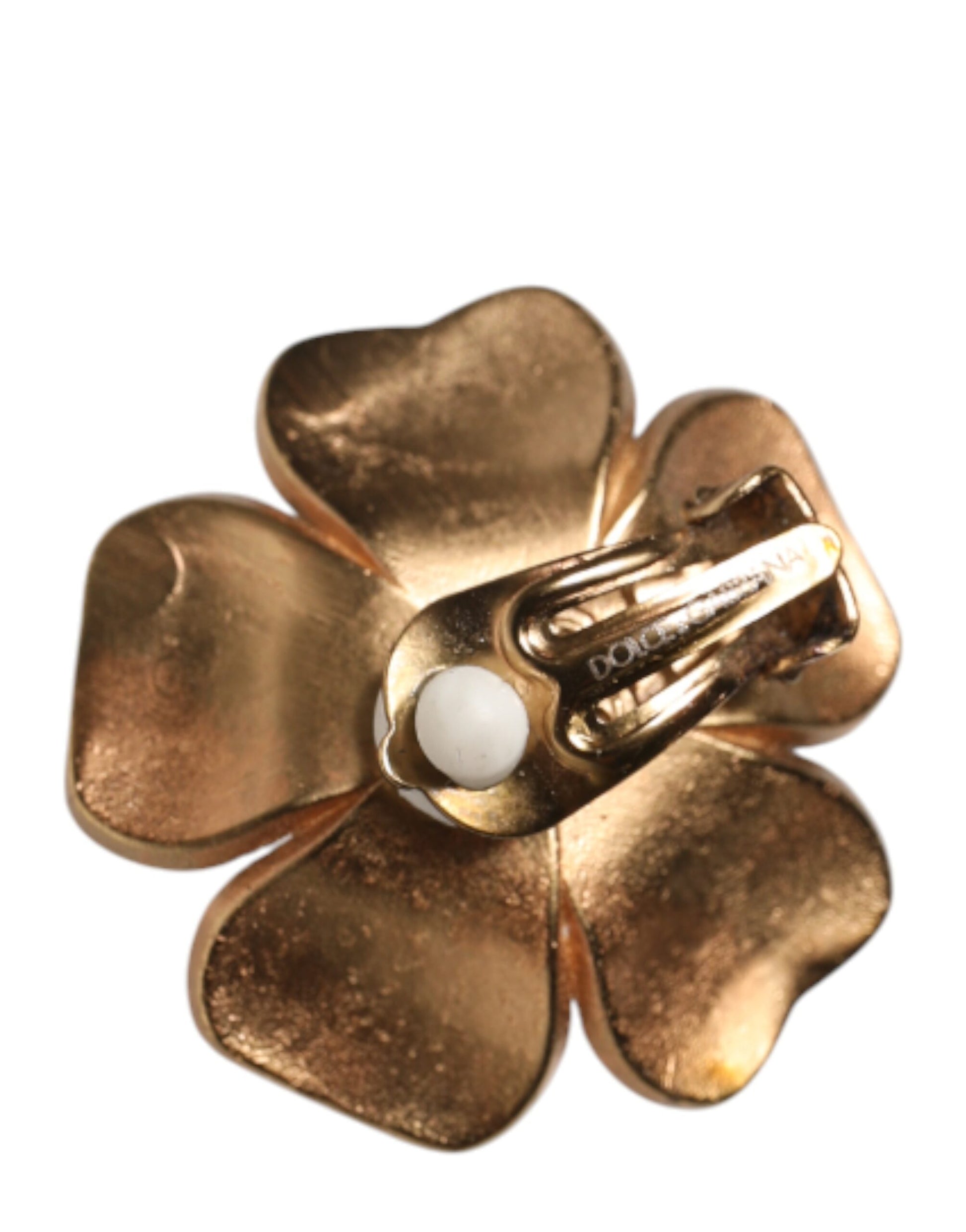 Boucles d'oreilles clips Dolce & Gabbana dorées, grandes perles fantaisie florales