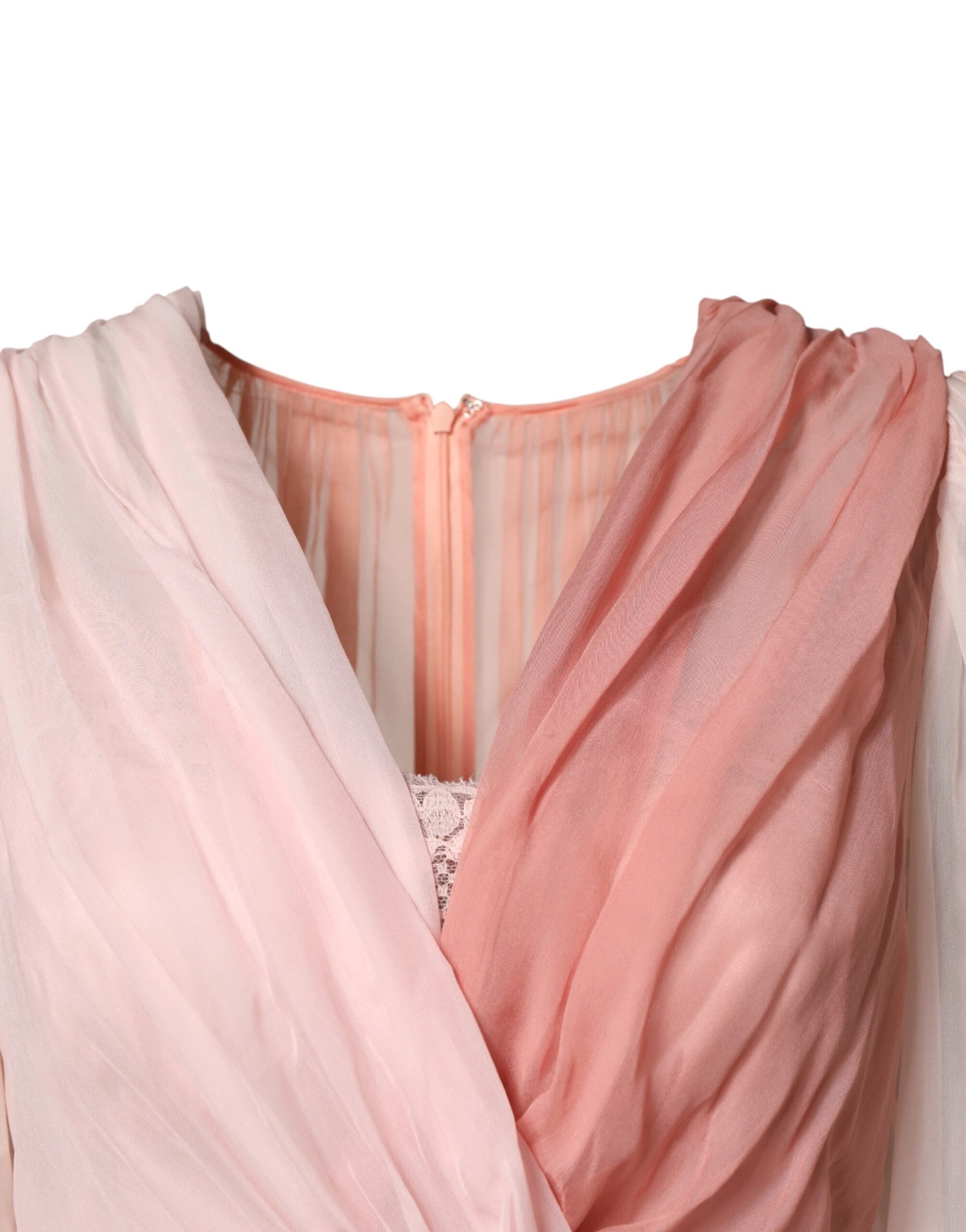 Robe longue Dolce & Gabbana en tulle de soie rose à manches longues et col en V