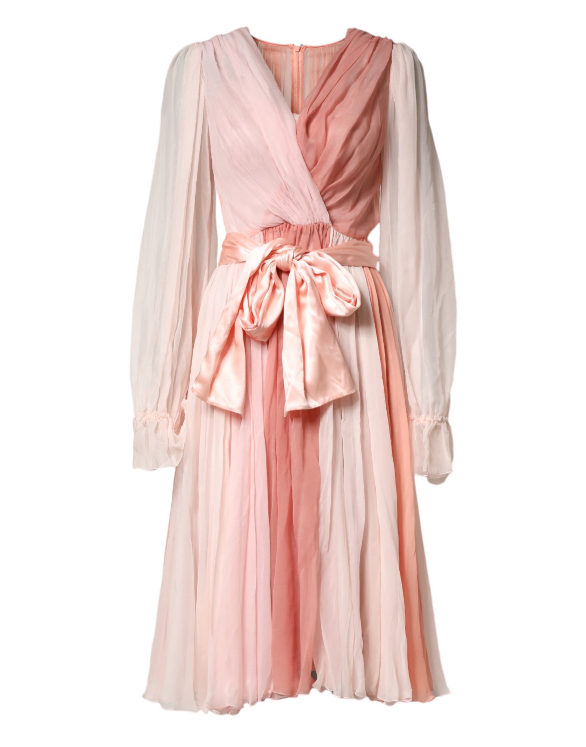 Robe longue Dolce & Gabbana en tulle de soie rose à manches longues et col en V