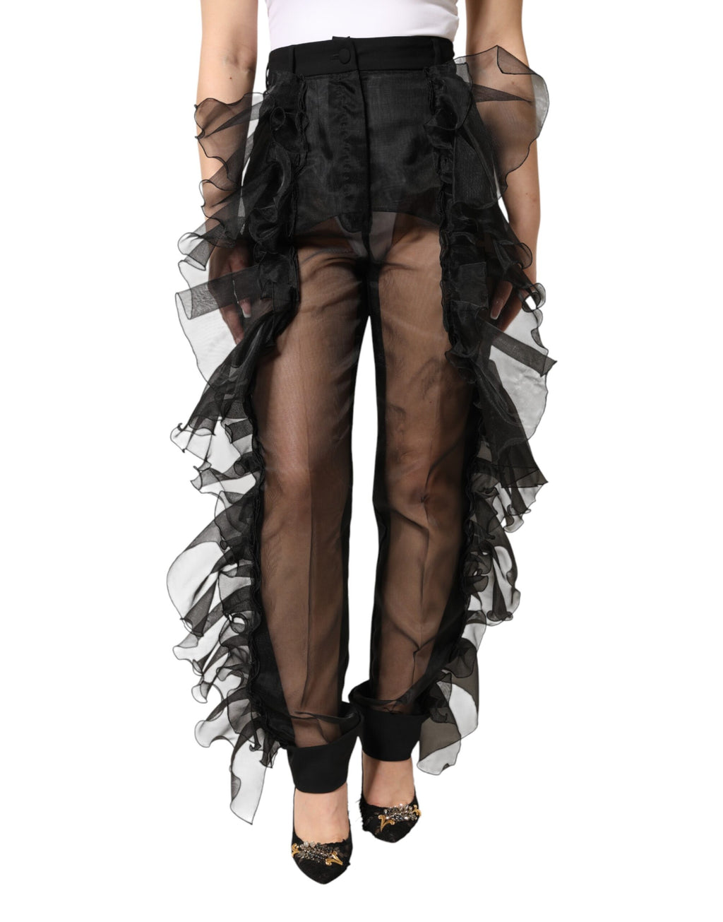 Pantalon Dolce & Gabbana noir taille haute en tulle et laine
