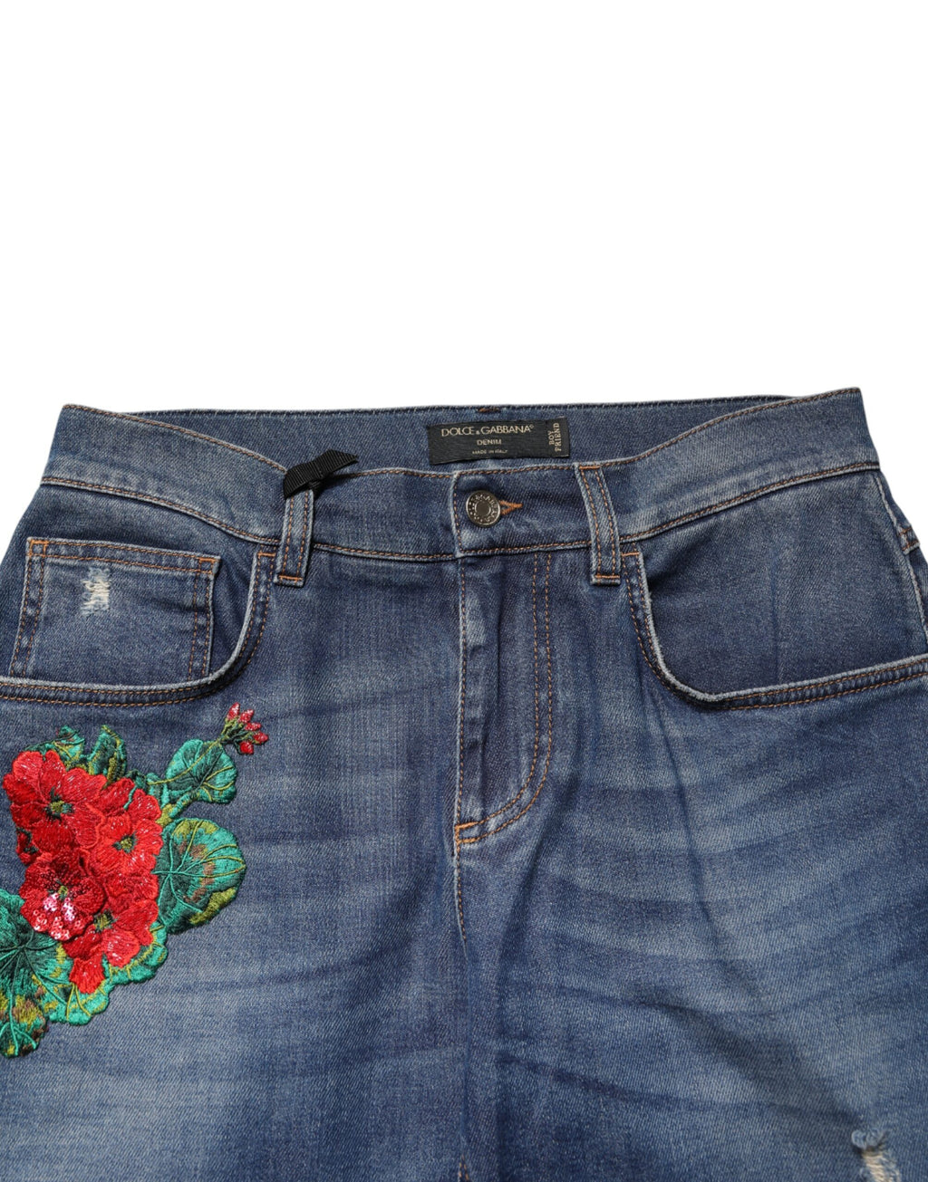 Jean Boyfriend en denim brodé de fleurs bleues Dolce & Gabbana