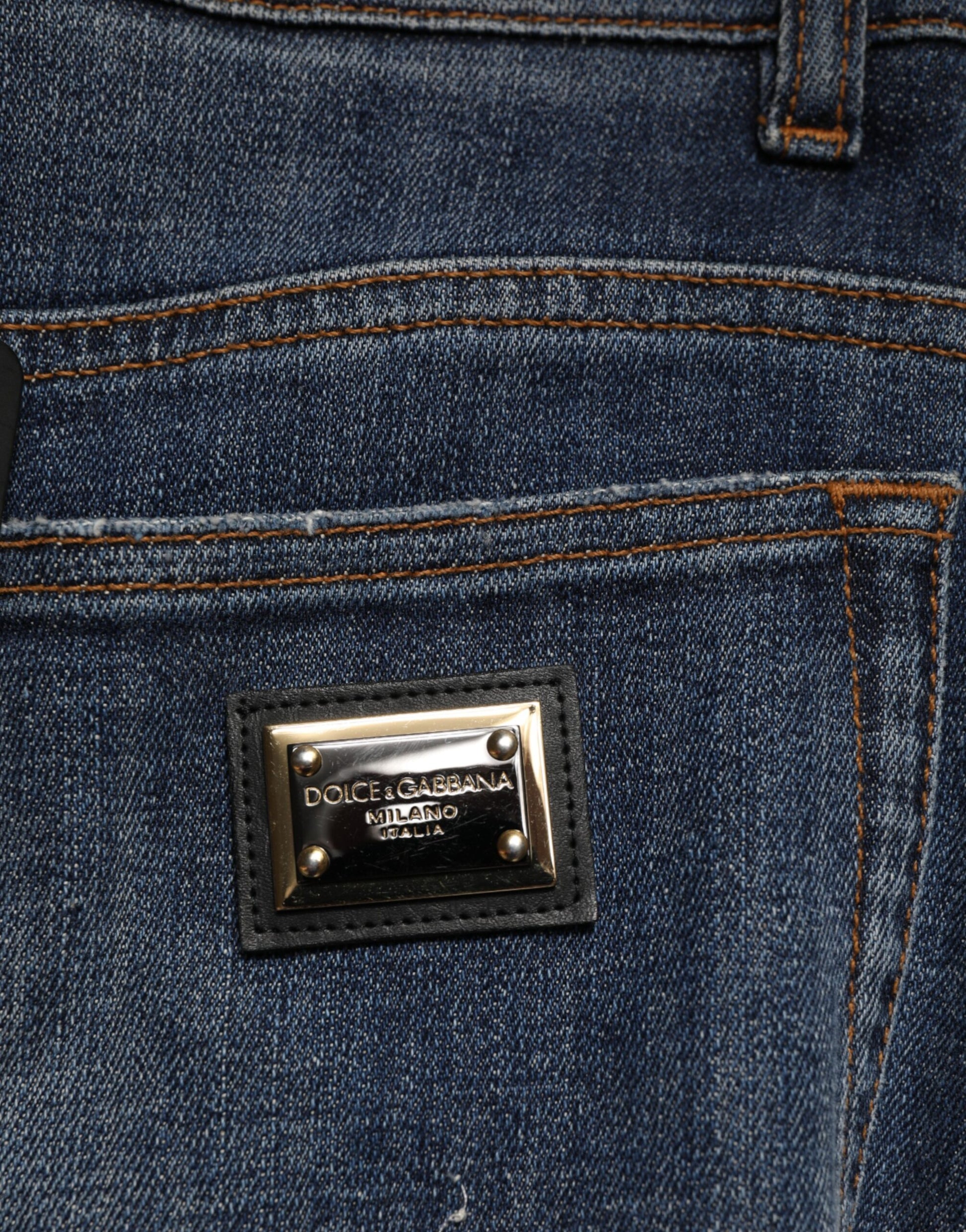 Jean en denim orné de strass en coton bleu Dolce & Gabbana