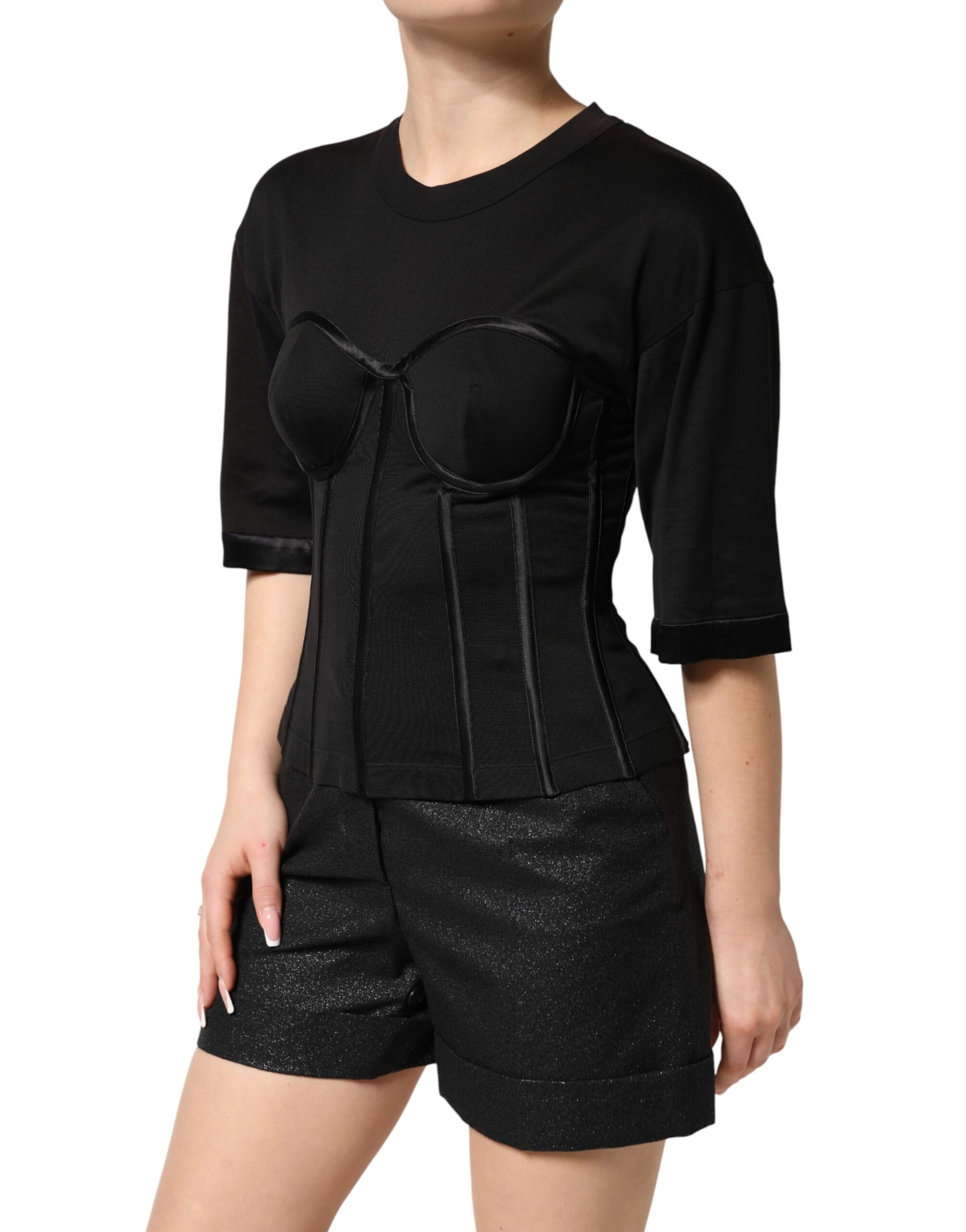 Dolce & Gabbana Black Cotton Bustier Corset Short Sleeves T-shirt