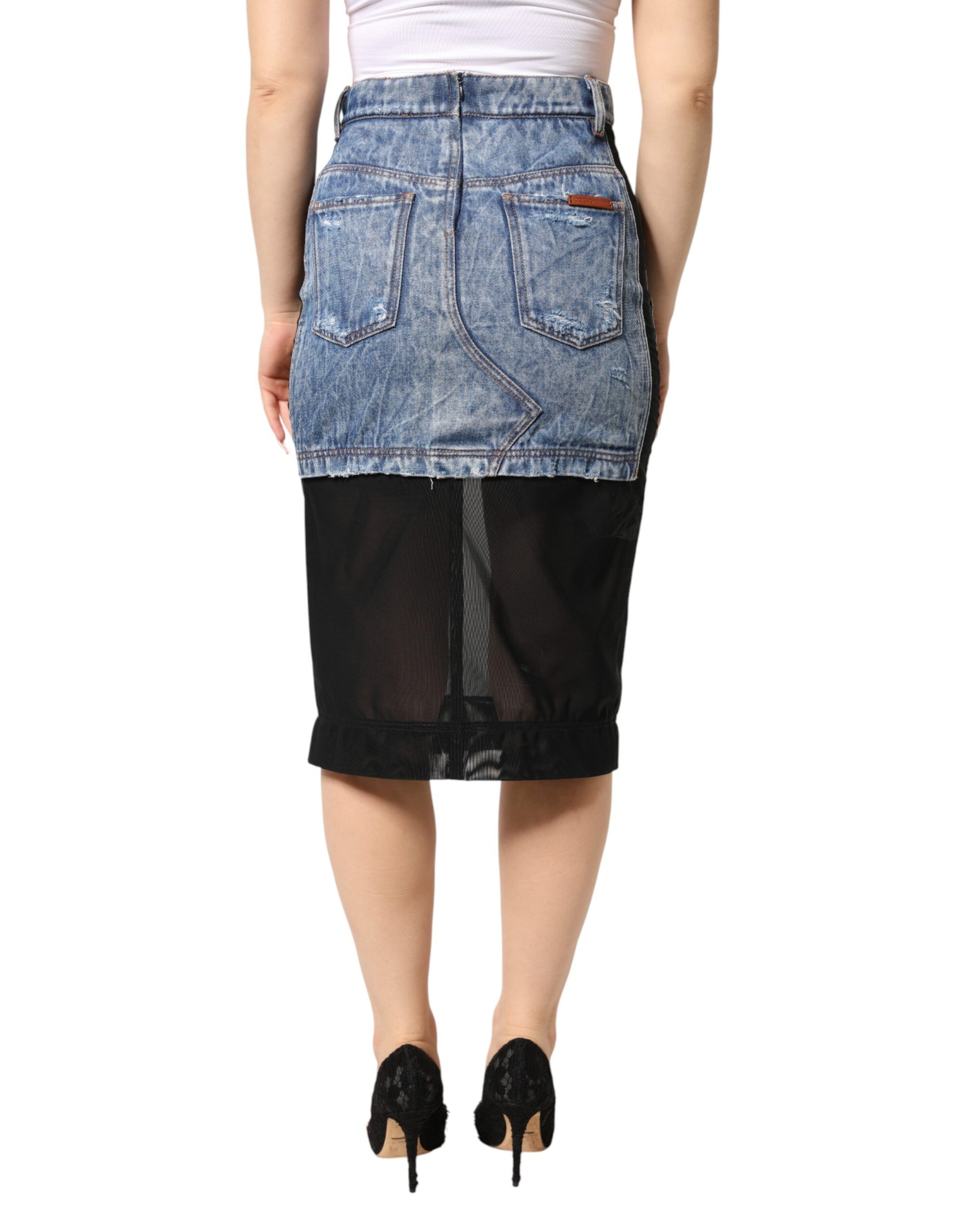 Jupe mi-longue transparente en denim de coton noir et bleu Dolce & Gabbana