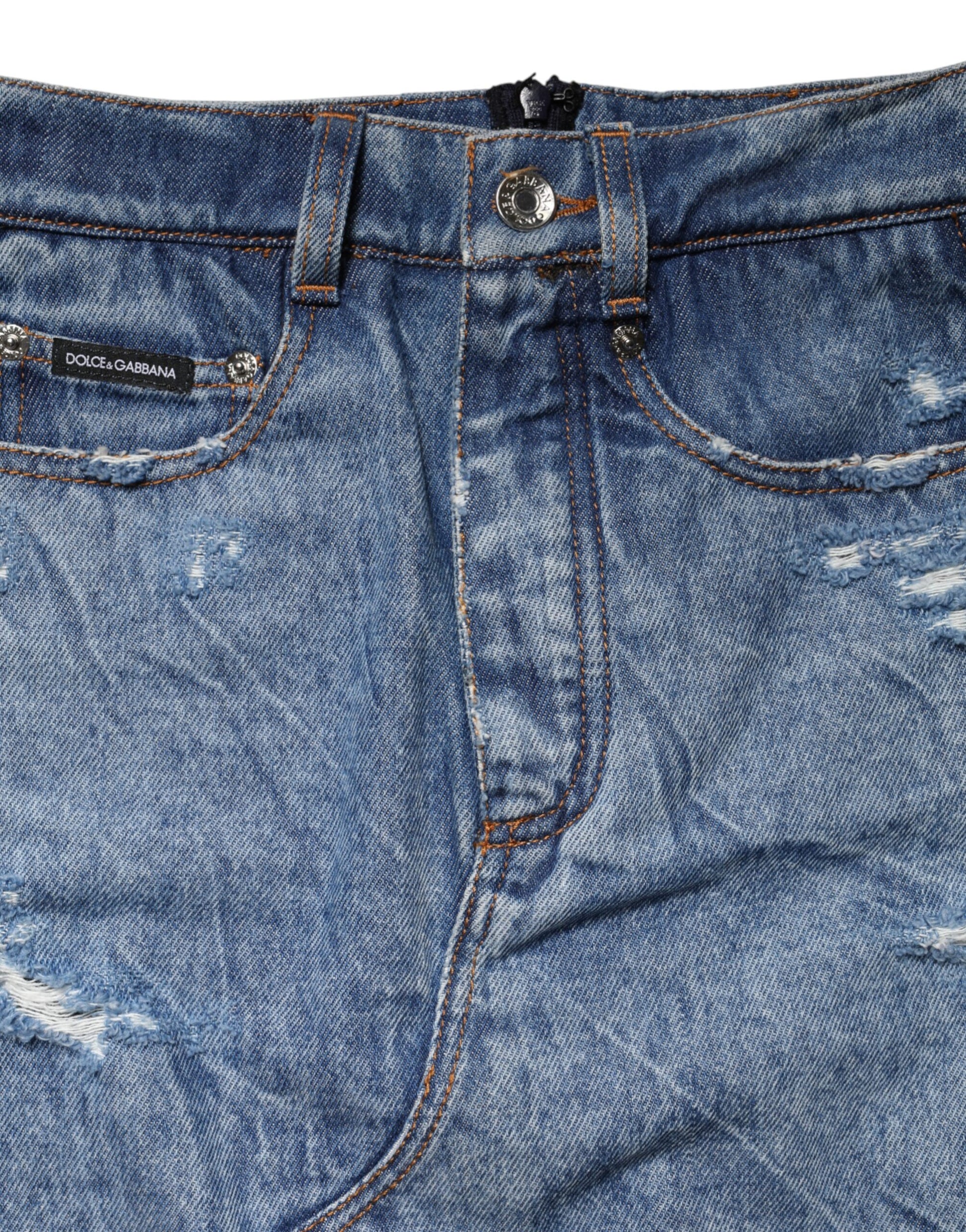 Jupe mi-longue transparente en denim de coton noir et bleu Dolce & Gabbana