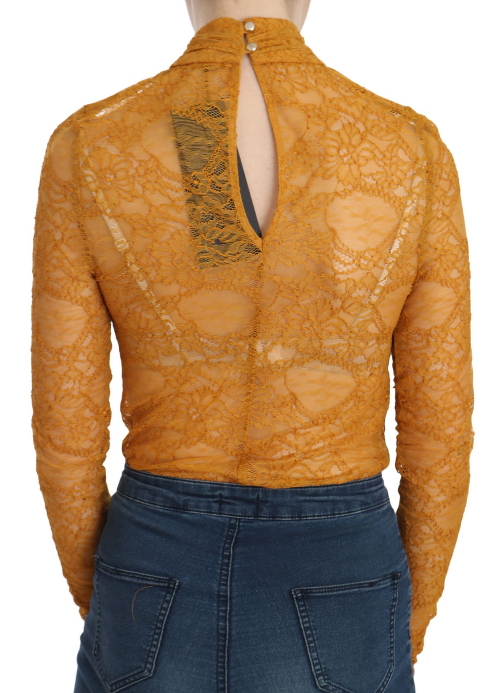 Mangano Mustard Turtle Neck Long Sleeve Lace Top Blouse
