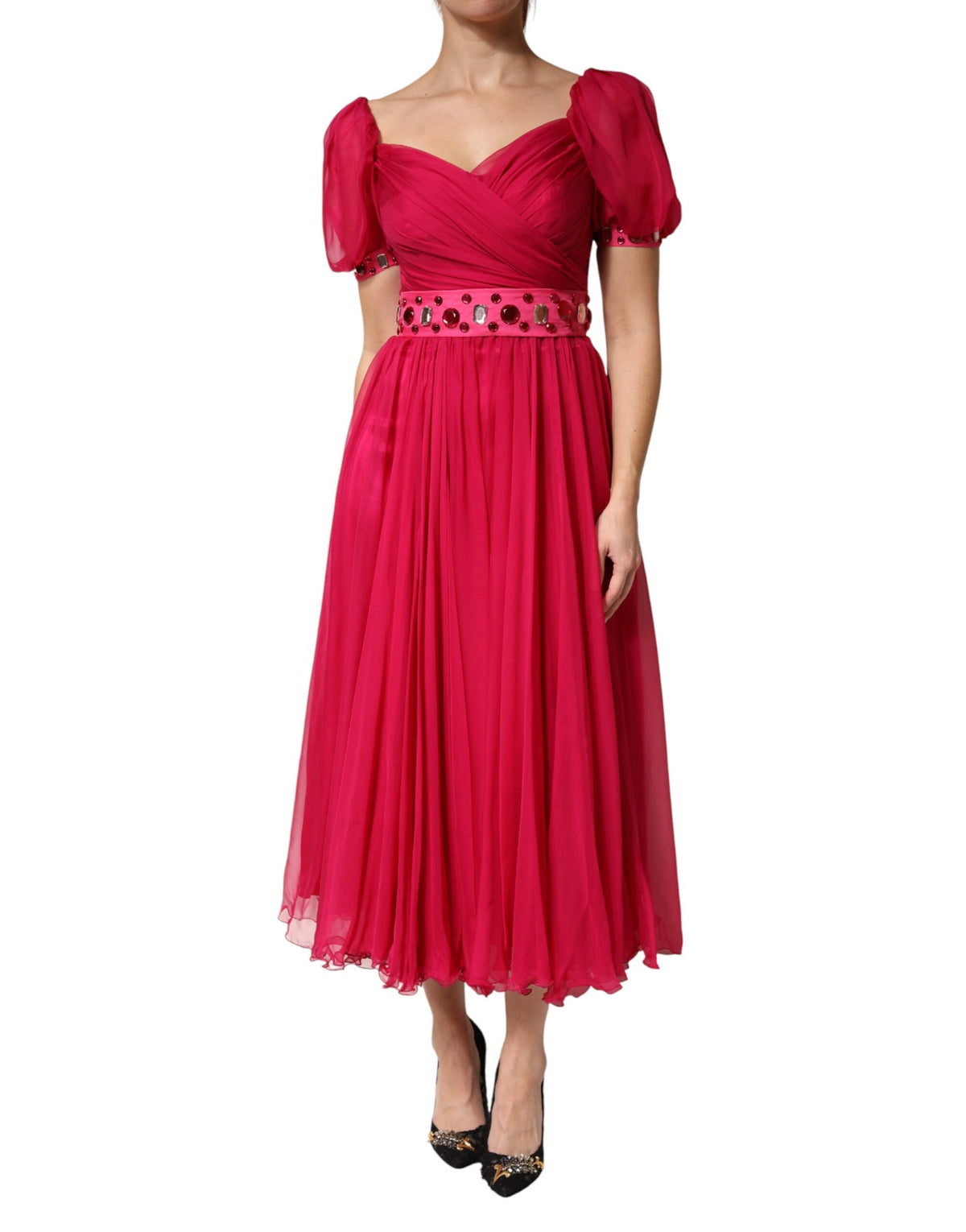 Dolce & Gabbana Rosa Seide Besticktes A-Linien Midikleid
