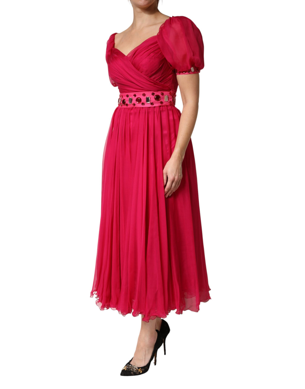 Dolce & Gabbana Rosa Seide Besticktes A-Linien Midikleid