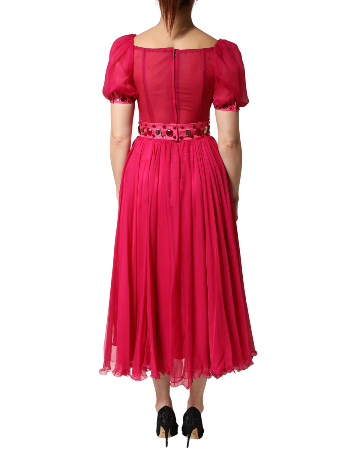 Dolce & Gabbana Rosa Seide Besticktes A-Linien Midikleid