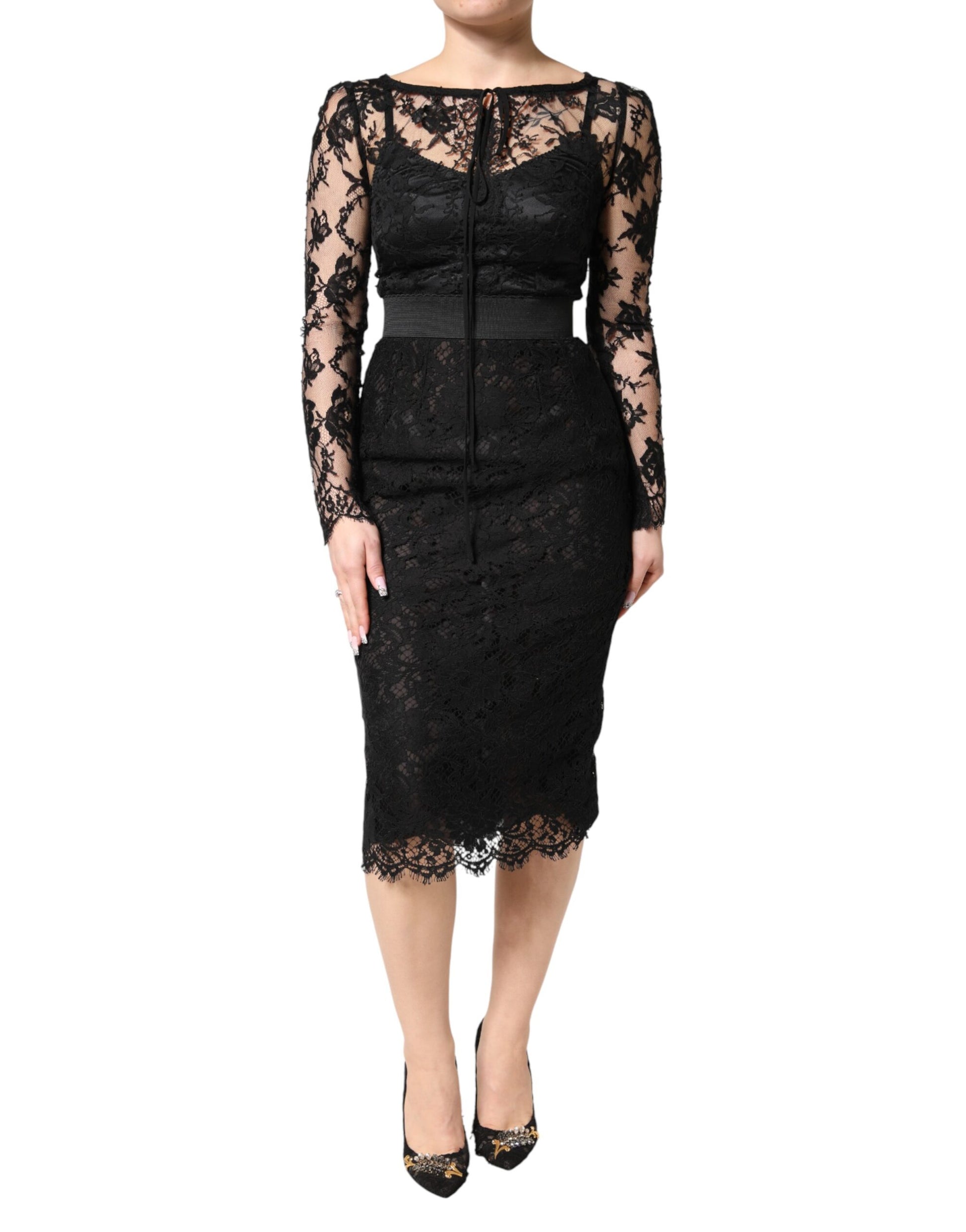 Robe Midi Fourreau en Coton et Dentelle Noire Dolce & Gabbana