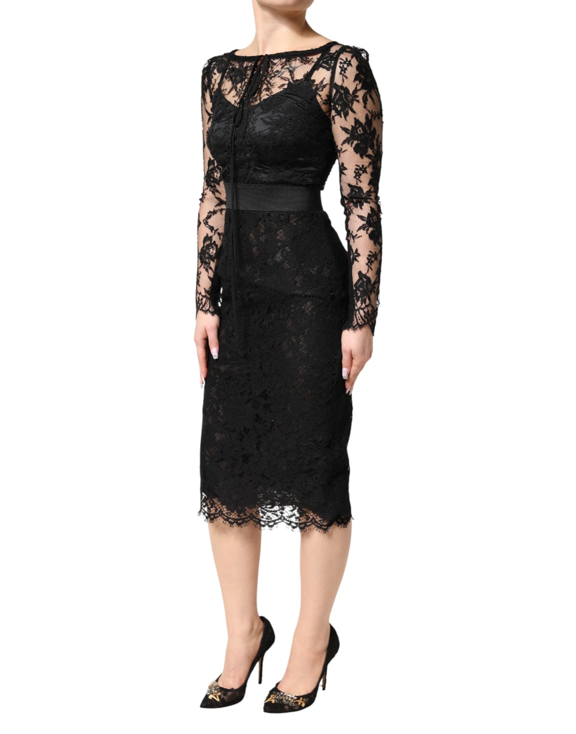 Robe Midi Fourreau en Coton et Dentelle Noire Dolce & Gabbana