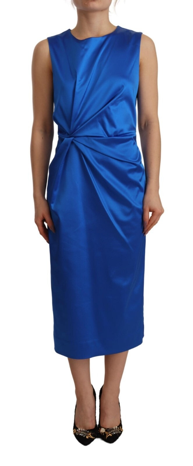 Robe fourreau midi sans manches Parosh en acétate bleu roi à col rond