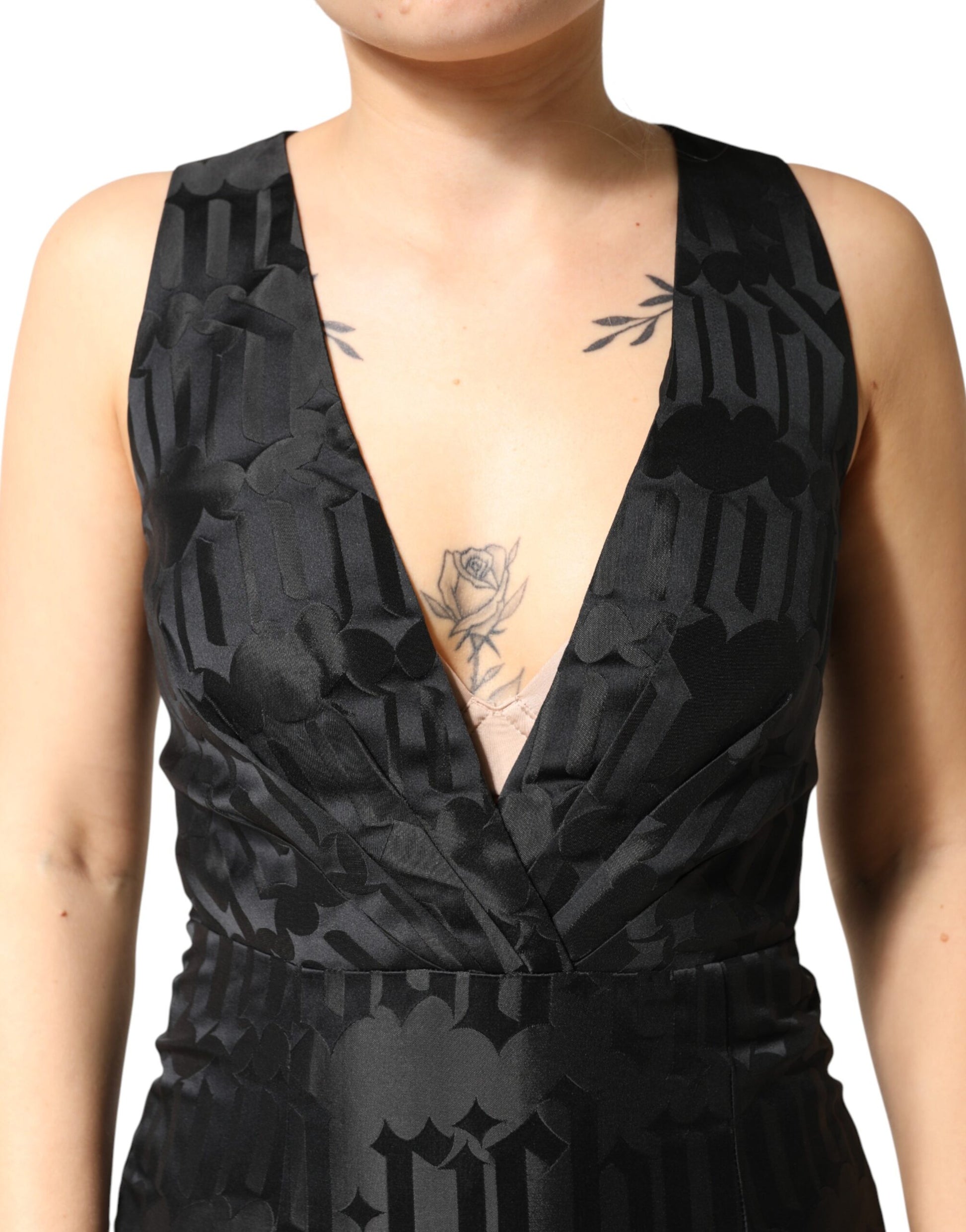 John Richmond Black Jacquard Deep V-neck Sleeveless 2 Pc Dress