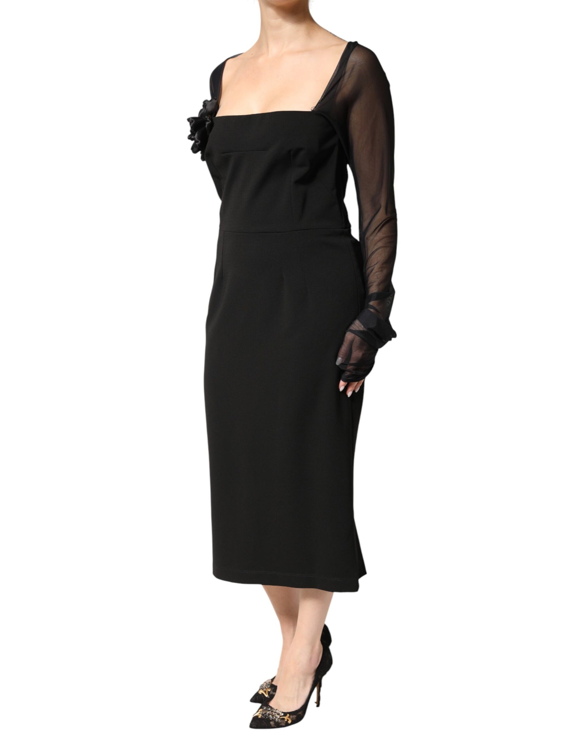 Dolce & Gabbana Black Sheer Yoke Rosette Sheath Midi Dress